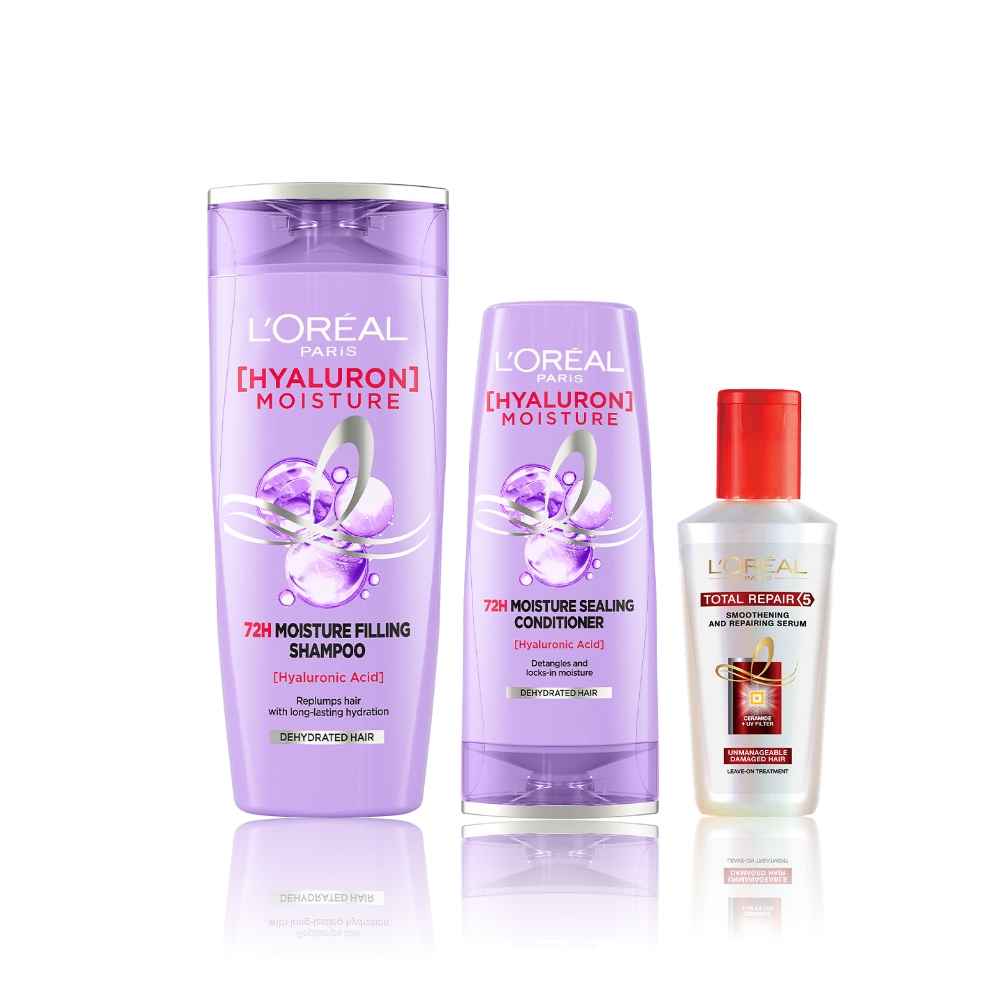 Buy L'Oreal Paris Everyday Hydration and Rejuvenation Hair Care Essentials 2 (Hyaluron Moisture 72H Moisture Shampoo (340ml), Hyaluron Moisture 72H Moisture Conditioner (180ml), Total Repair 5 Serum (80 ml)) - Purplle