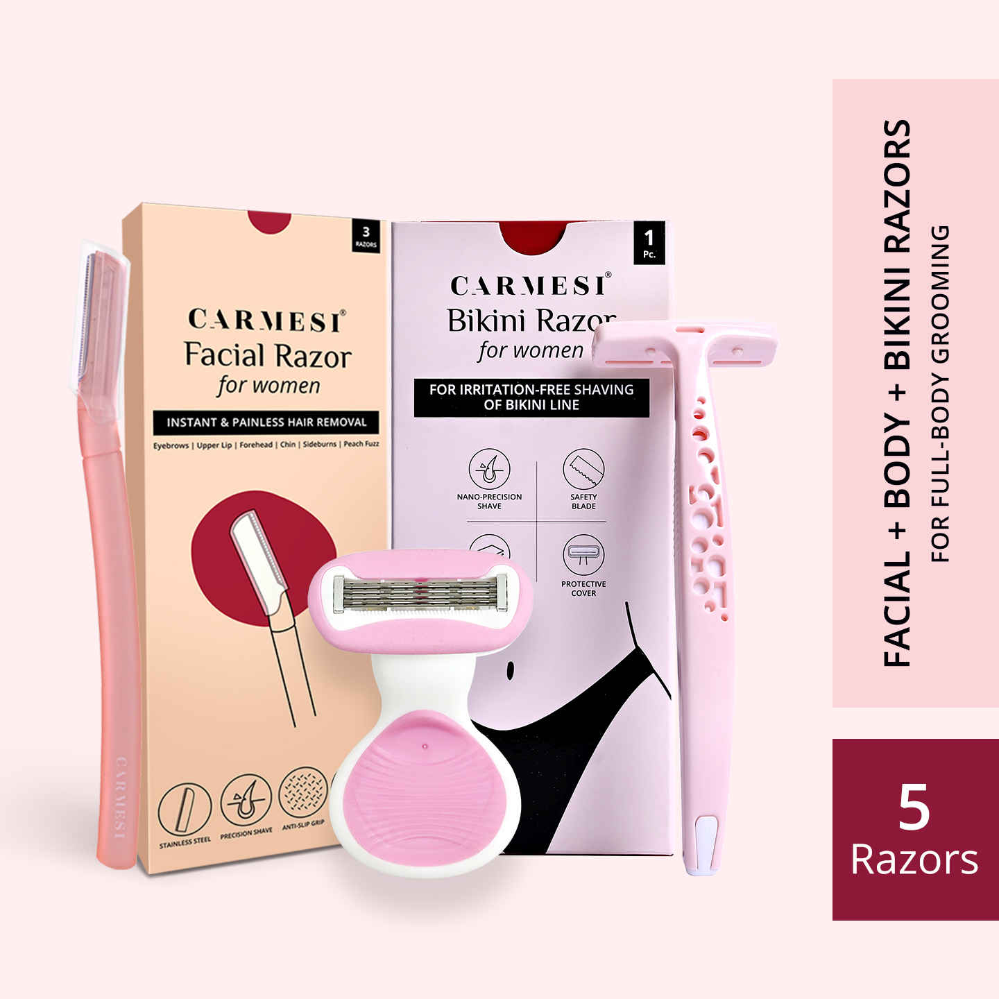 Buy Carmesi Facial Razor (Pack of 3), Body Razor Mini (Pack of 1) & Bikini Razor (Pack of 1) - Purplle