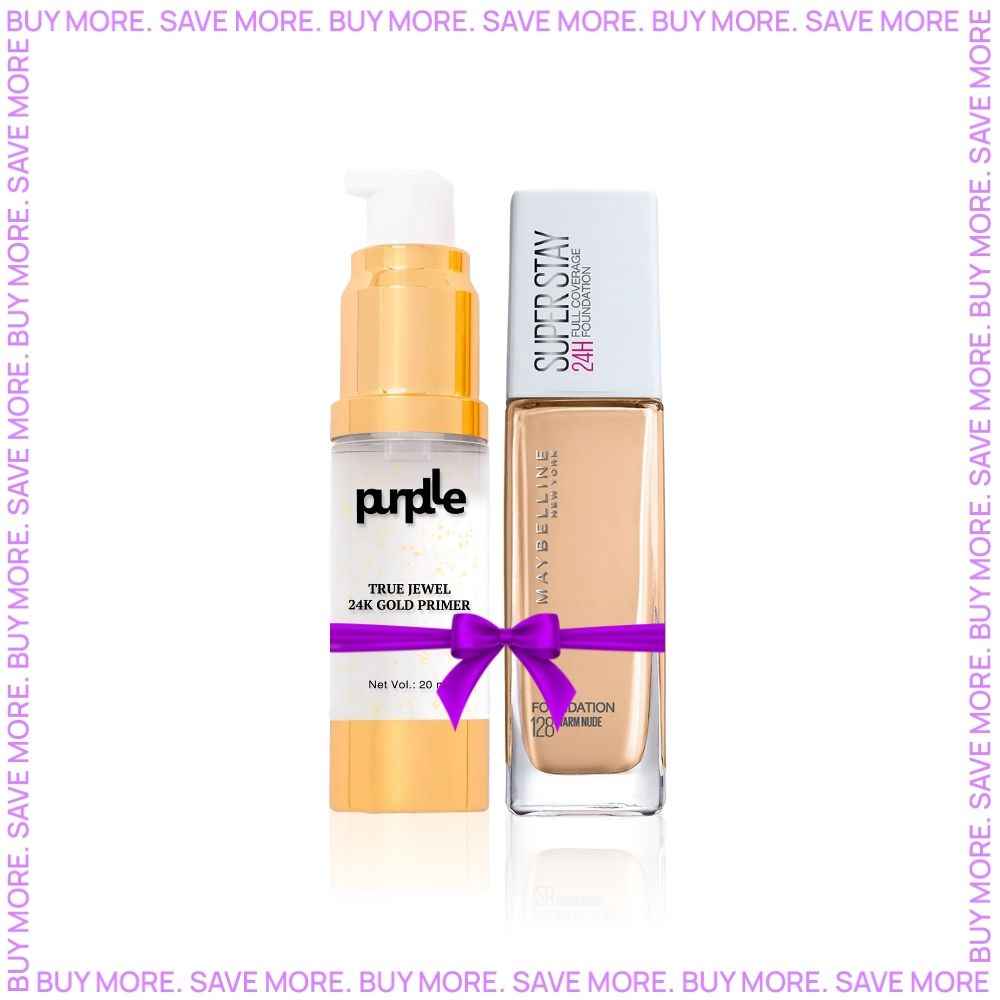 Buy Maybelline New York Super Stay Full Coverage Active Wear Liquid Foundation, 128, Warm Nude, 30ml + Purplle True Jewel 24K Gold Primer (20 ml) - Purplle