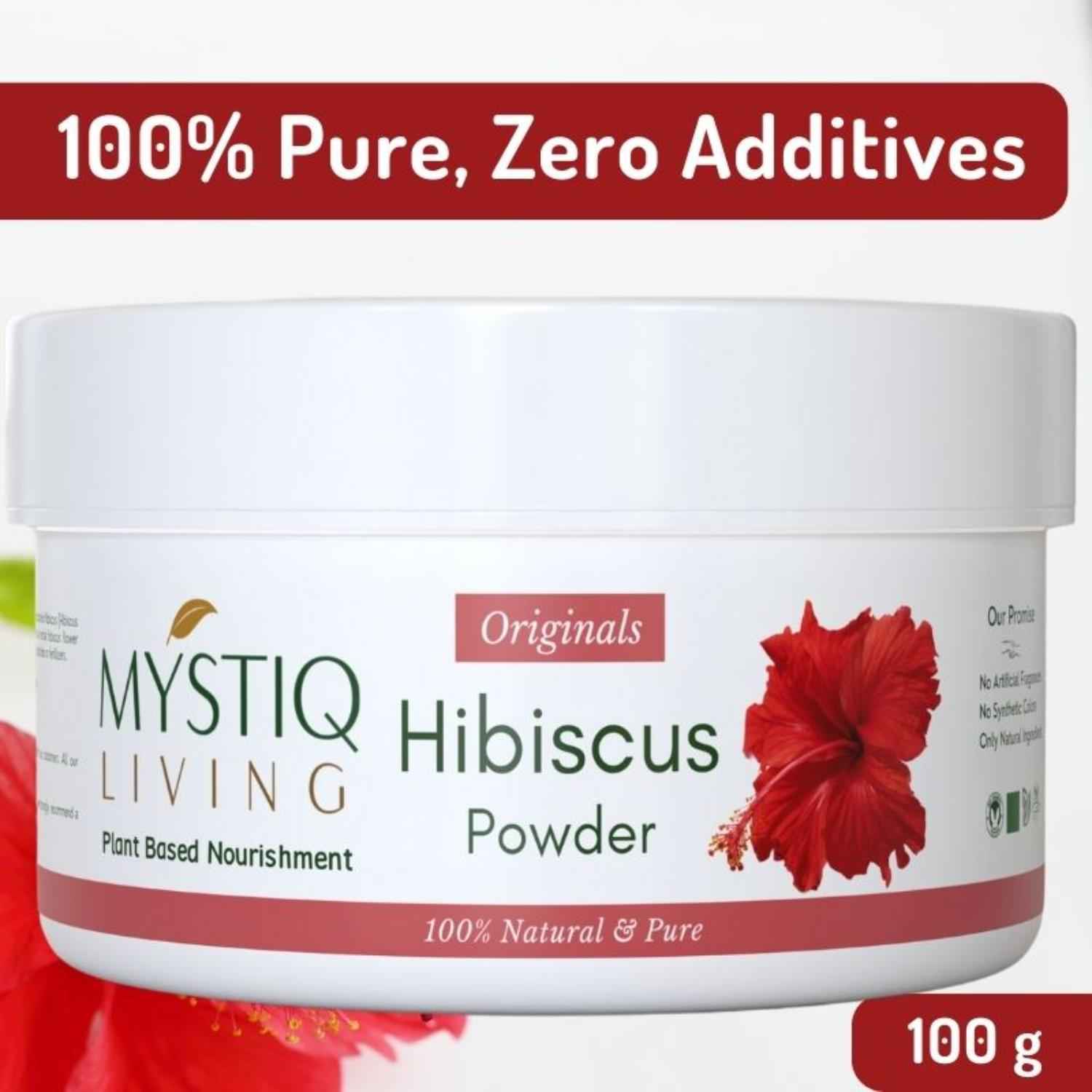 Buy Mystiq Living Hibiscus Powder (100 Gm) for hair mask, face mask or pack, Pure Gudhal Powder, Organic Hibiscus Flower Powder for dull hair & dry scalp 100% Natural - Purplle