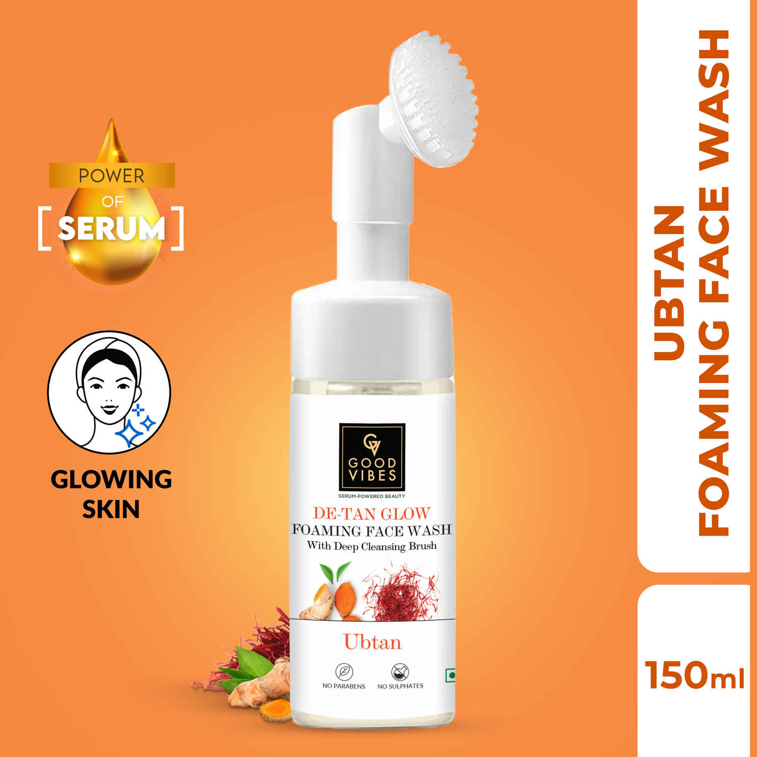 Buy Good Vibes De-Tan Glow Ubtan Foaming Face Wash With Power Of Serum & Deep Cleansing Brush | Tan Removal Brightening Cleansing | Gentle Face Wash (150 ml) - Purplle
