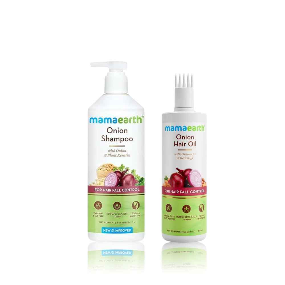 Buy Mamaearth Onion Duo For Hair Fall Control: Onion Hair Oil 250 ml + Onion Shampoo 400 ml - Purplle