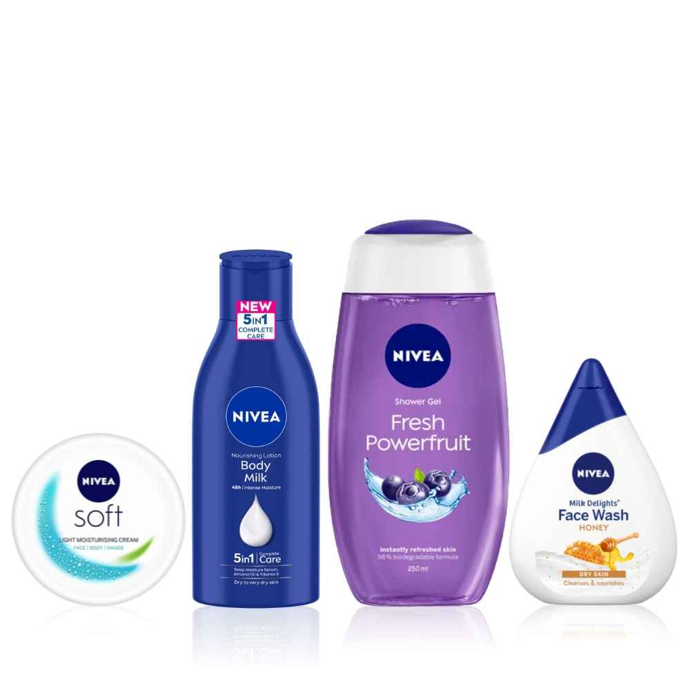 Buy NIVEA Refresh & Revive Skin Combo 2(Powerfruit Fresh Shower Gel (250ml)+Moisturizing Honey Face Wash(100ml)+Almond Oil Body Lotions(120ml)+SOFT Light cream(100ml)) - Purplle