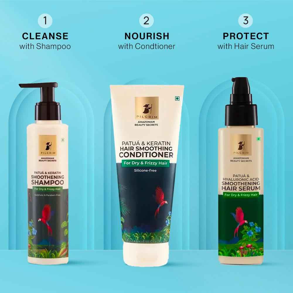 Buy Pilgrim Patua Hair Essential Trio 1 (Hair Smoothening Shampoo (200 ml) + Hair Smoothening Conditioner (200 ml) + Smoothing Hair Serum (100 ml)) - Purplle