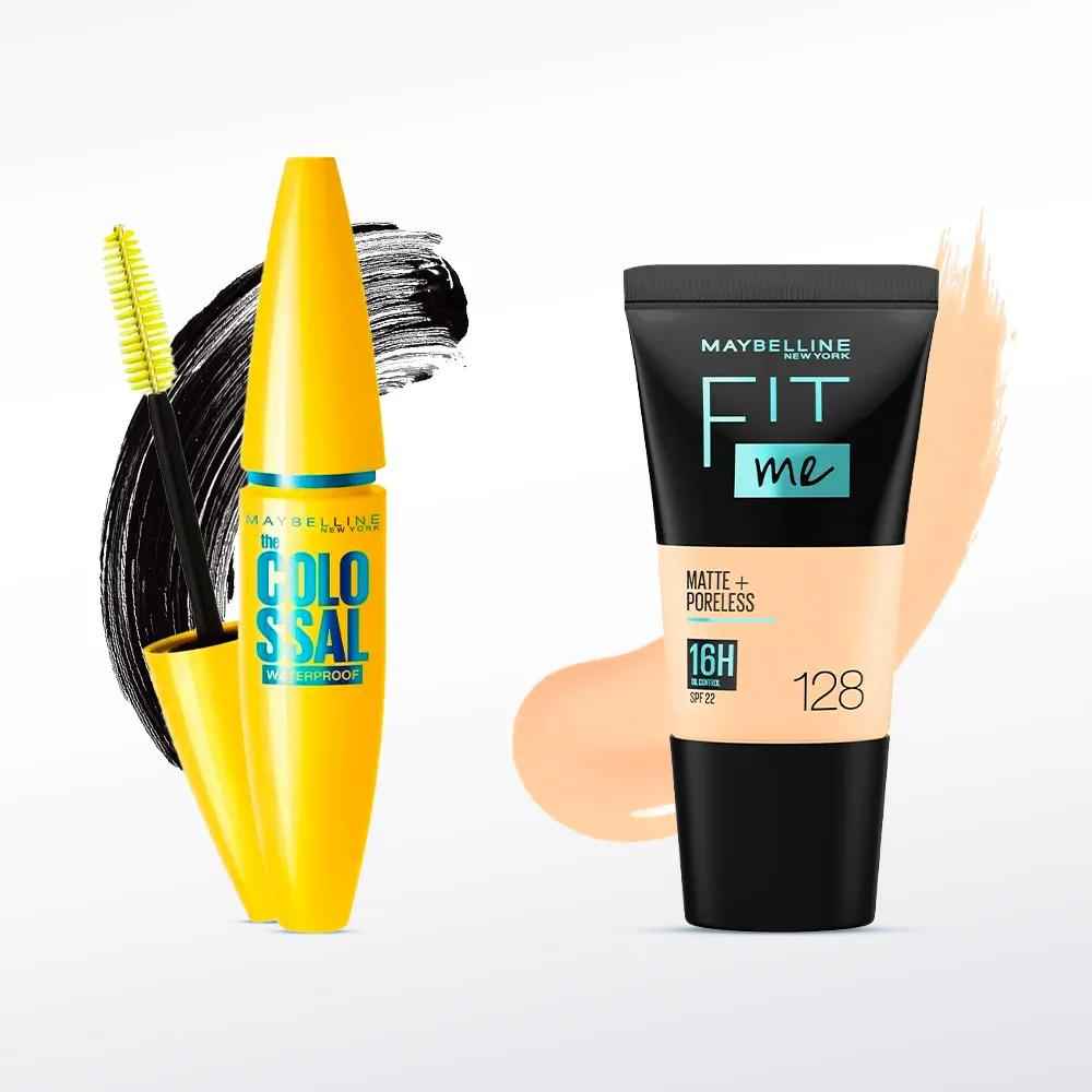 Buy Maybelline New York The Colossal Volume Express Waterproof Mascara - Black (10 gm) + Maybelline New York Fit Me Matte+Poreless Liquid Foundation Tube 128 Warm Nude 18ml - Purplle