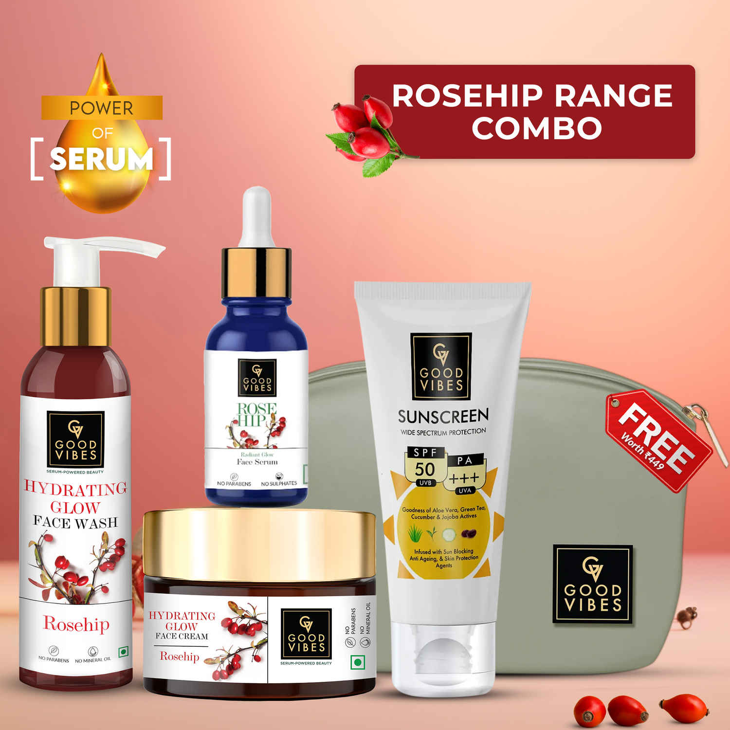 Buy Good Vibes Rosehip Hydrating CSMS Combo (Set of 4) (Facewash 200ml + Serum 10ml + Moisturizer 50g + Sunscreen 50 gm) - Purplle
