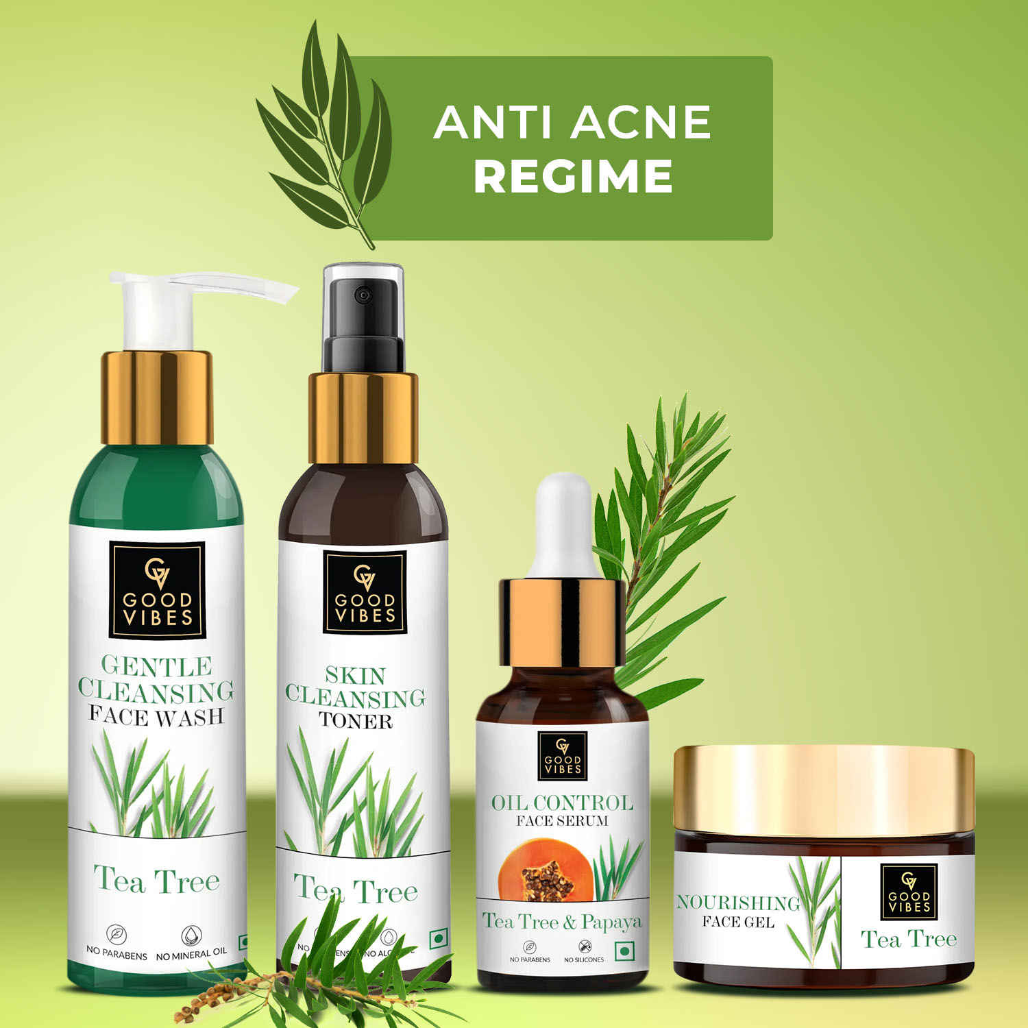 Buy Good Vibes Anti- Acne Skin Routine With Power Of Tea Tree (Facewash 120ml + Toner 120ml + Serum 10ml + Face Gel 50 gm) - Purplle