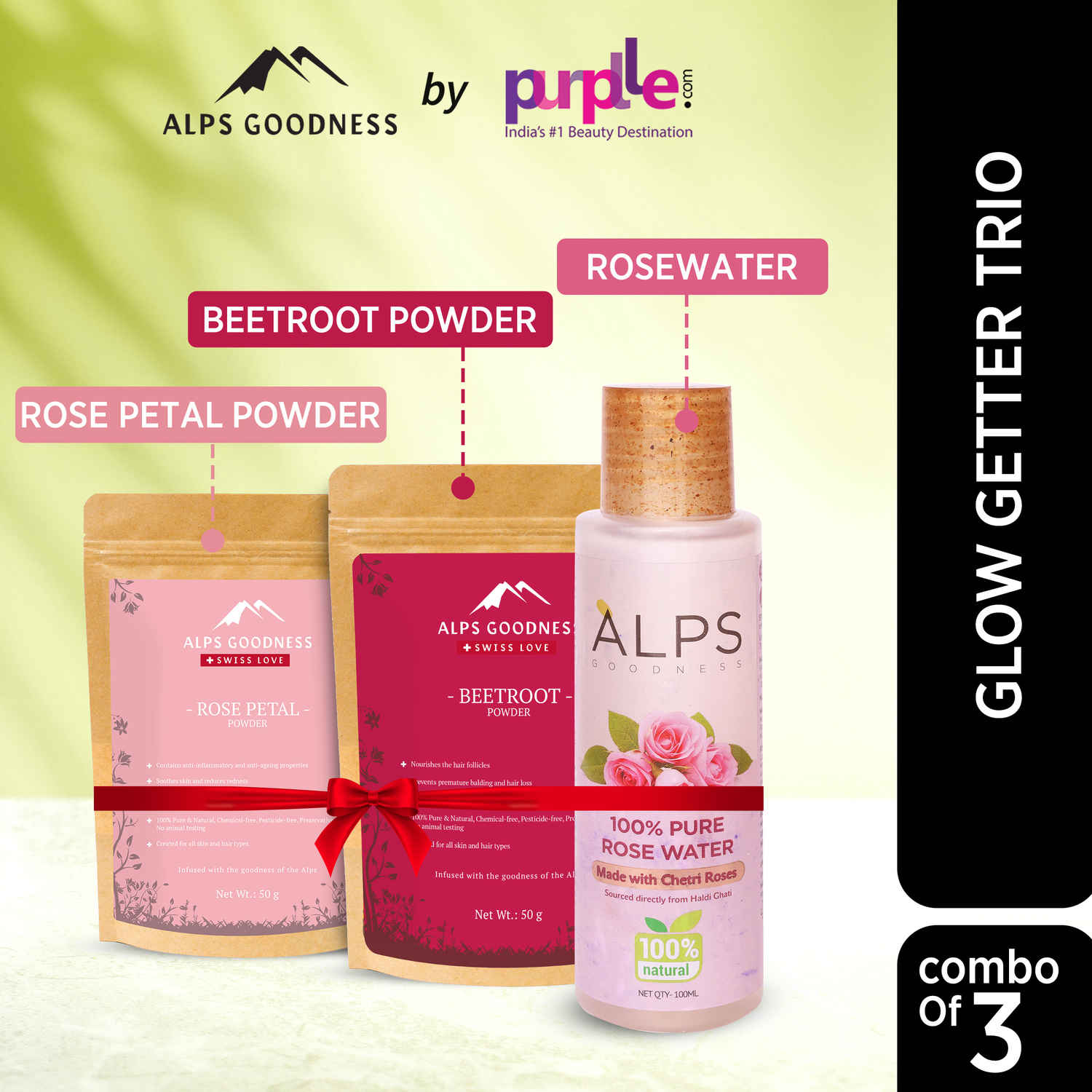 Buy Alps Goodness Glow Getter Trio | Beetroot powder + Rose Petal Powder + 100% Natural Rose water I Glow Up Kit I Skin Brightening Set I Pack of 3 - Purplle