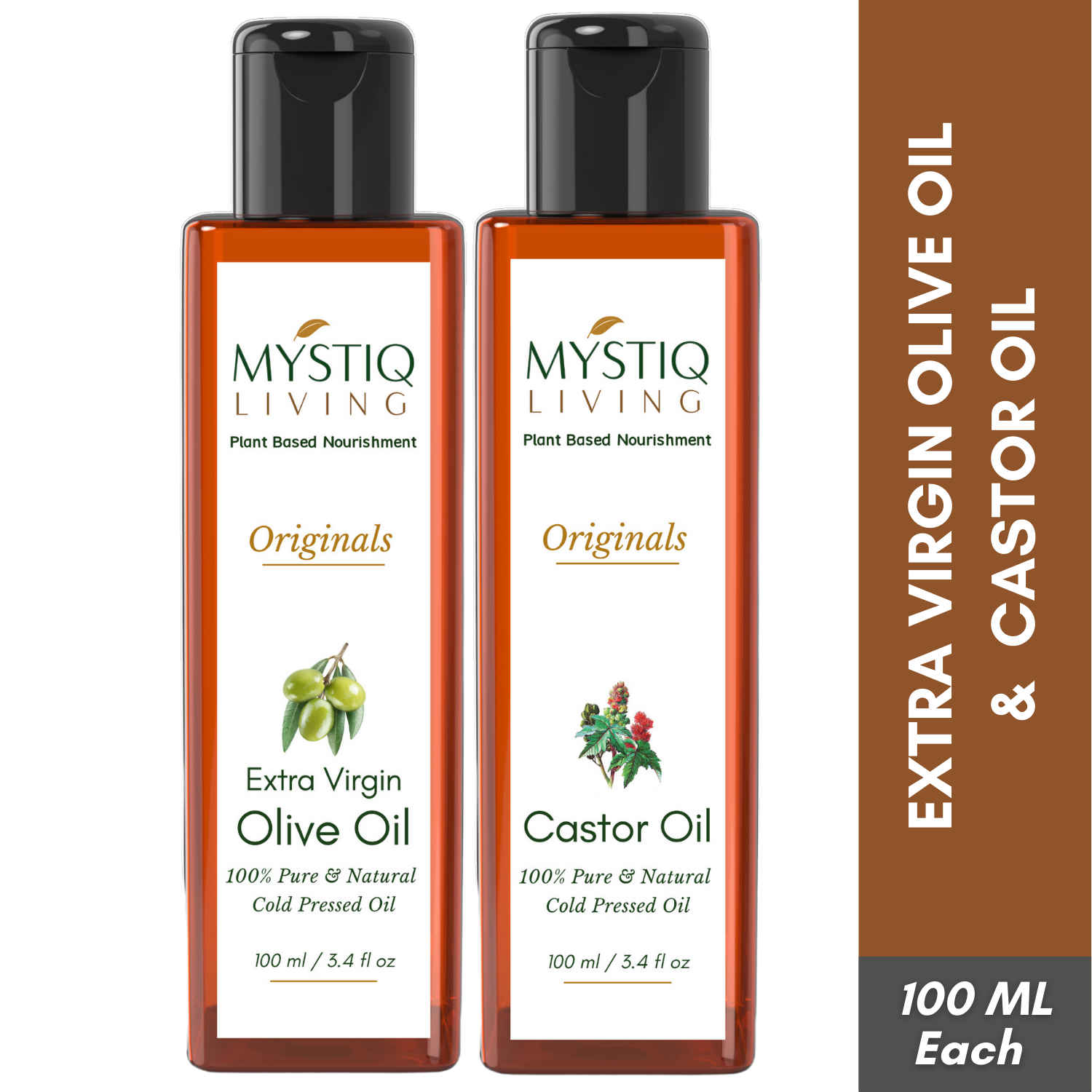 Buy Mystiq Living Extra Virgin Olive Oil and Castor Oil Combo - 100 ML each (200 ML) for Skin, Hair & Body, Castor Oil for Hair Growth, Olive Oil for Face | Baby Massage & Body Massage Cold Pressed, Organic, 100% Pure and Natural - Purplle