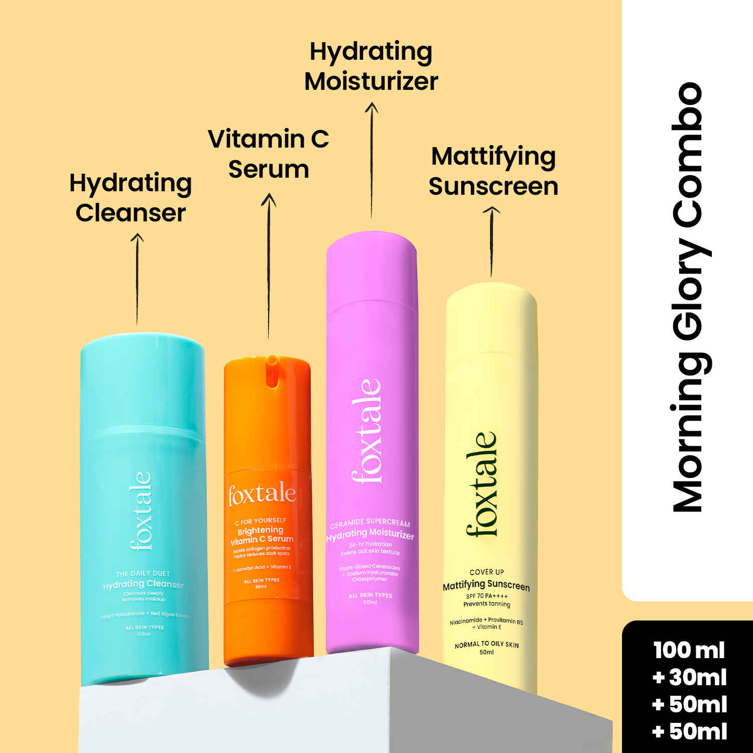 Buy Foxtale Morning Glory CSMS Combo : Hydrating Face Wash (100 ml) + Vitamin C Serum (30 ml) + Hydrating Mositurizer (30 ml )+ Matte Finish Sunscreen SPF 70 (50 ml) - Purplle