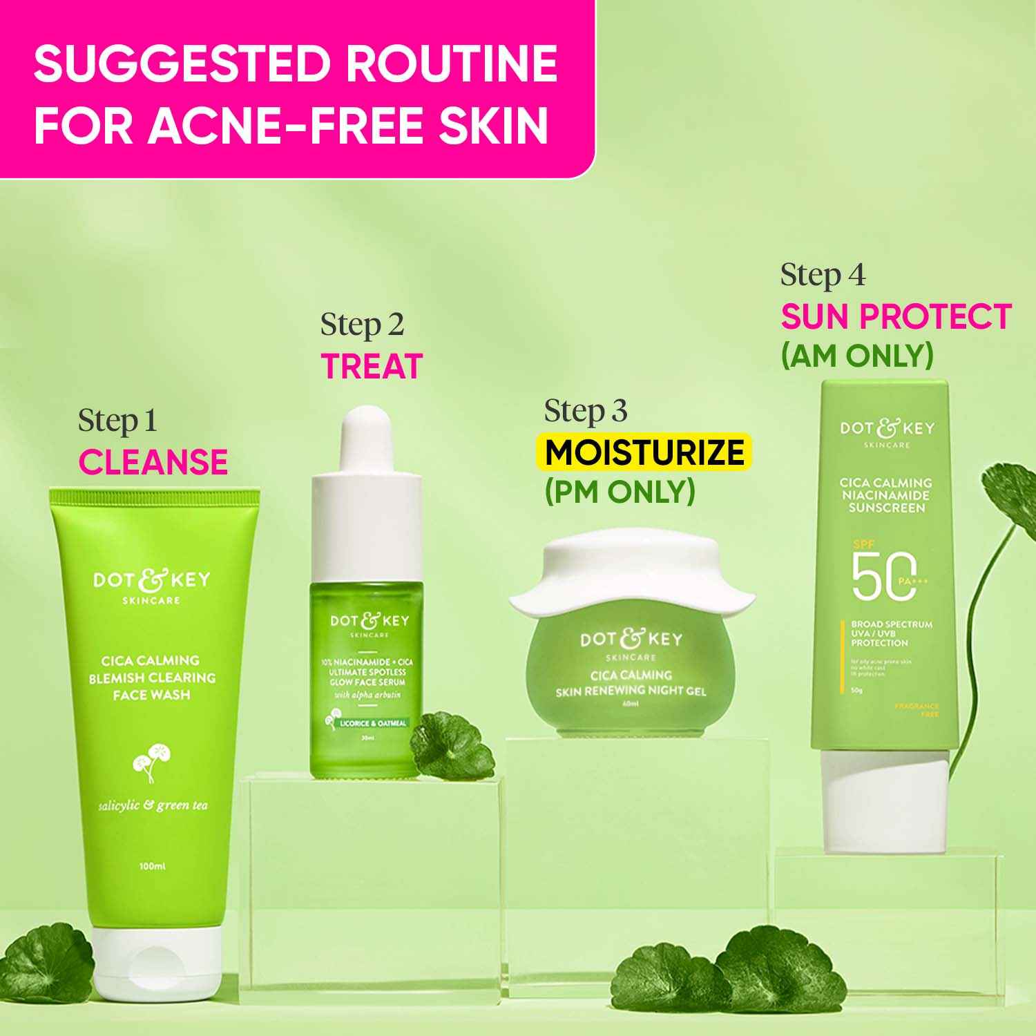 Buy Dot & Key Acne Free PM Skin Care Routine | Face Wash, Serum, Night Gel & Sunscreen - 230g - Purplle