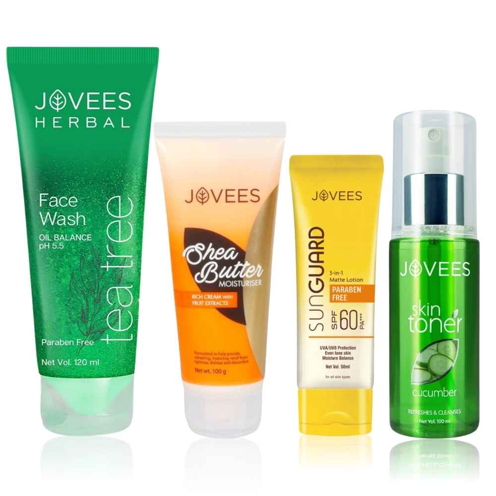 Buy Jovees CTMP Combo | Tea Tree Oil Control Face Wash 120 Ml | Cucumber Skin Toner 100 ml | Shea Butter Moisturizer 100gm | Sun Guard Lotion SPF 60 50ml - Purplle
