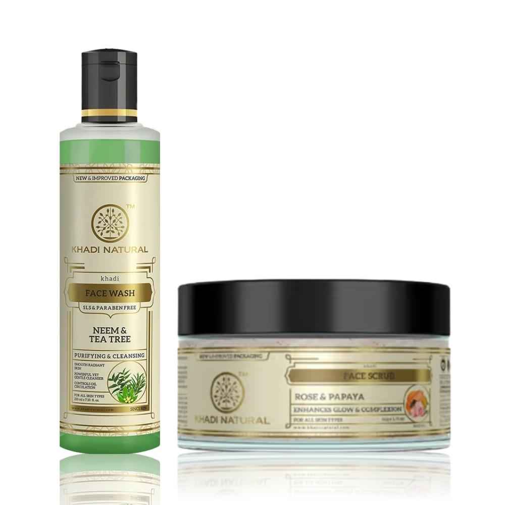 Buy Khadi Natural Face Wash & Scrub Combo (Neem & Teatree Face Wash 210 ml | Rose & Papaya Scrub 50 gm) - Purplle