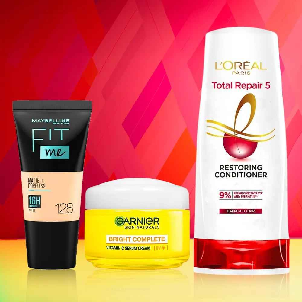 Buy Maybelline x Garnier x L'Oreal Paris Most Loved Combo 1 (Maybelline Fit Me foundation, 128 Warm Nude (18ml), Garnier Bright Complete Vitamin C serum Cream (45g), L'Oreal Paris Total repair 5 Conditioner (180ml)) - Purplle
