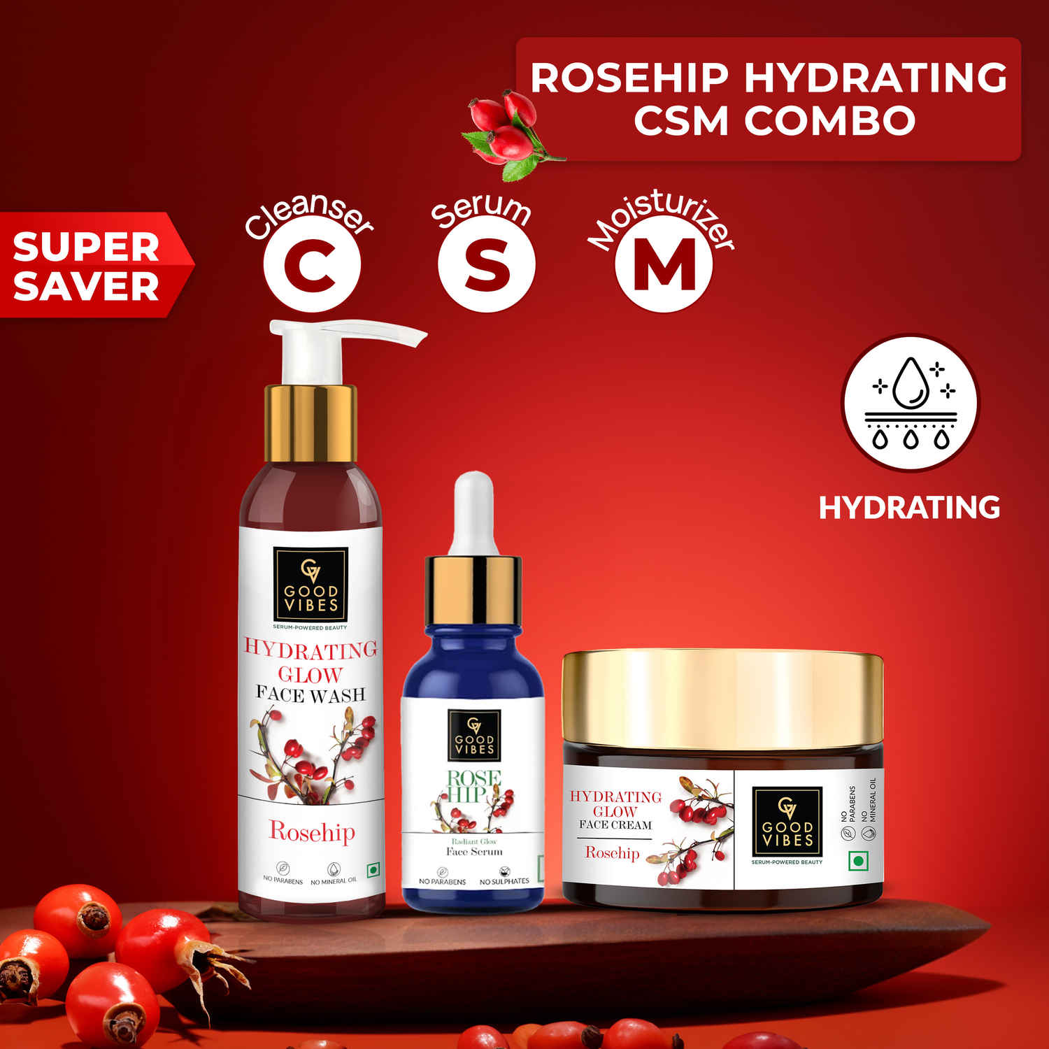 Buy Good Vibes Rosehip Hydrating CSM Combo (Set of 3) -Good Vibes Rosehip Hydrating Glow Face Wash (200 ml) + Good Vibes Rosehip Radiant Glow Face Serum (10 ml) + Good Vibes Rosehip Hydrating Glow Face Cream with Power of Serum (50 gm) - Purplle