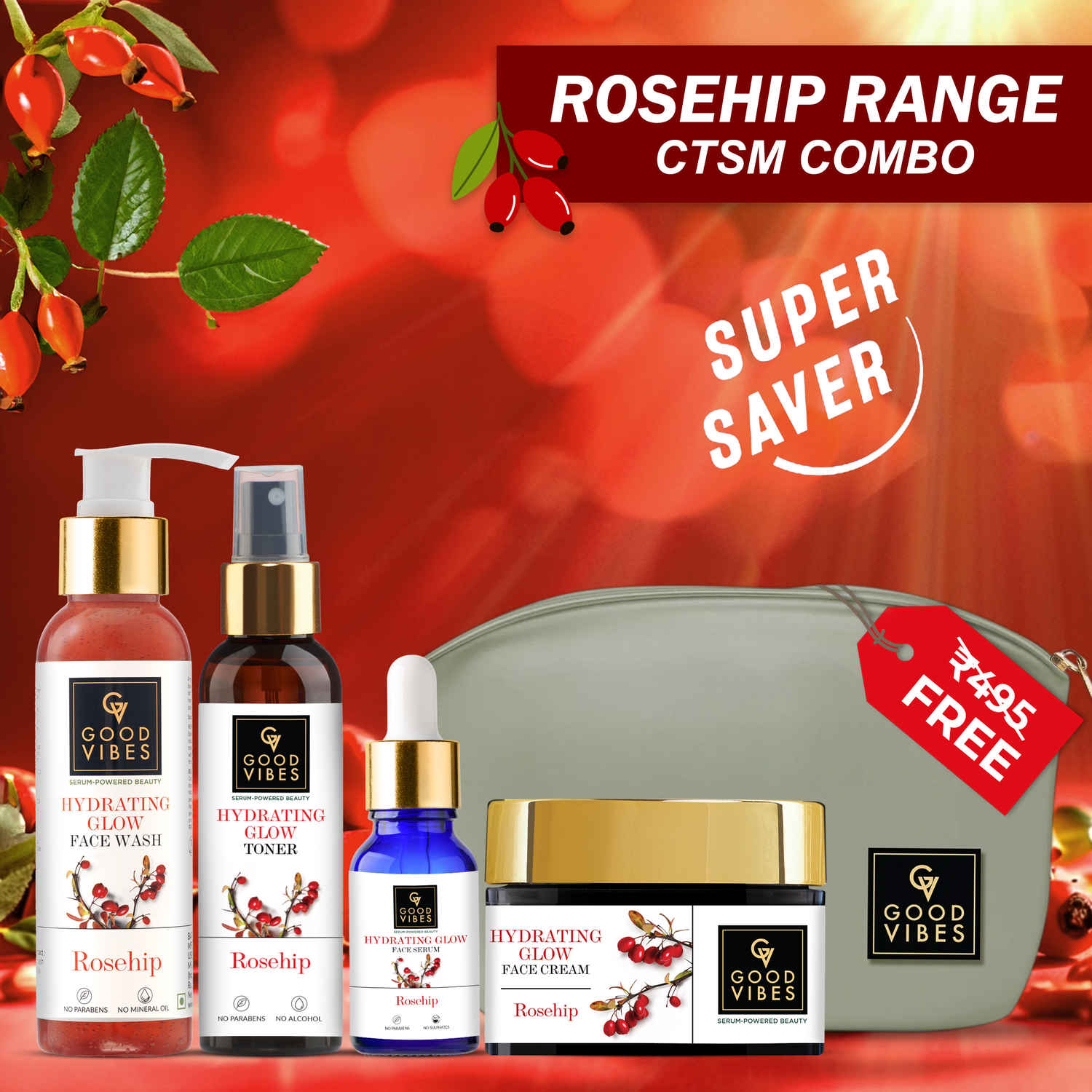 Buy Good Vibes Rosehip Range Combo Kit CTSM (Face Wash 200 ml + Toner 120 ml + Face Serum 10 ml + Face Cream 50 gm) - Purplle