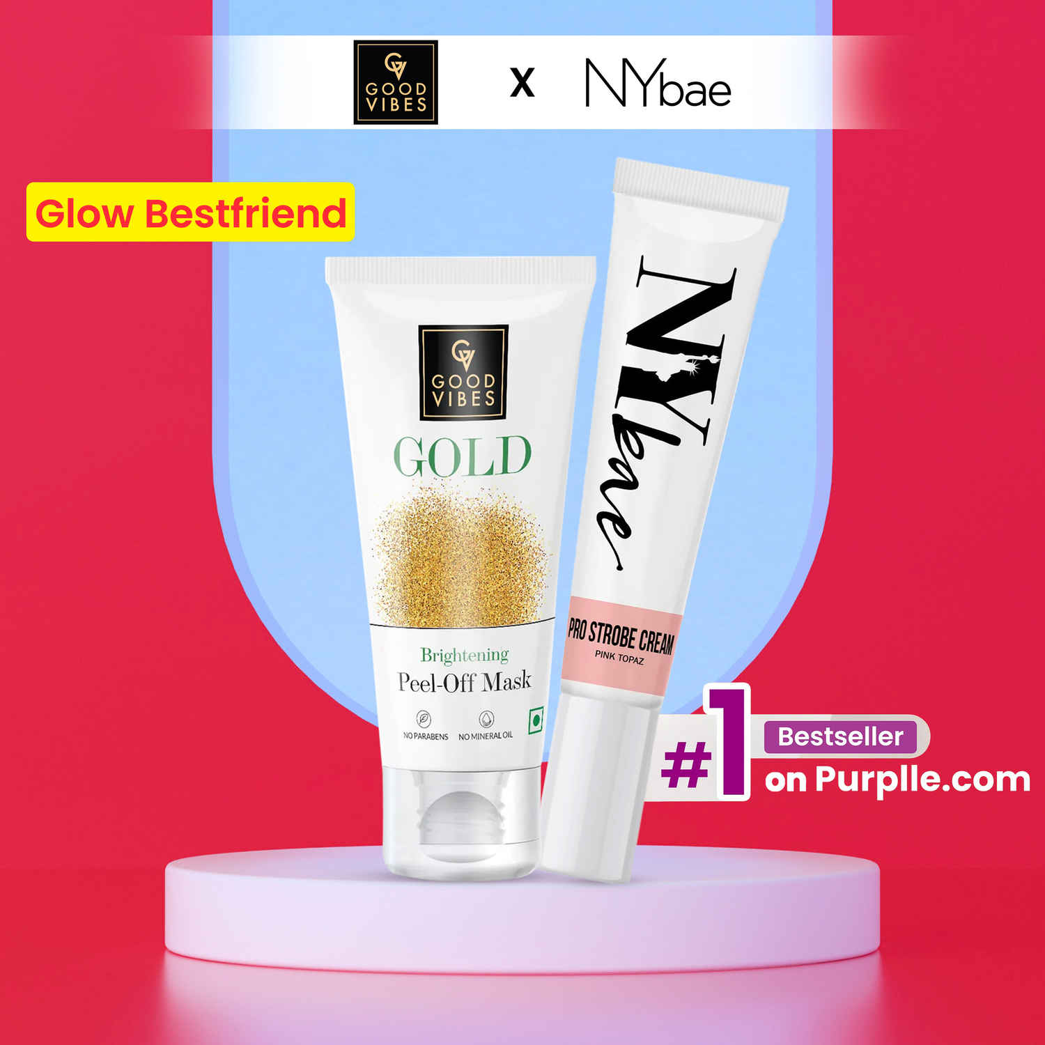 Buy Good Vibes x NY Bae Golden Glow Kit By Purplle | Bestsellers | Strobe Cream Pink Topaz (12) | Peel Off Mask (50 gm) | Korean Skin | Brightening Kit. - Purplle