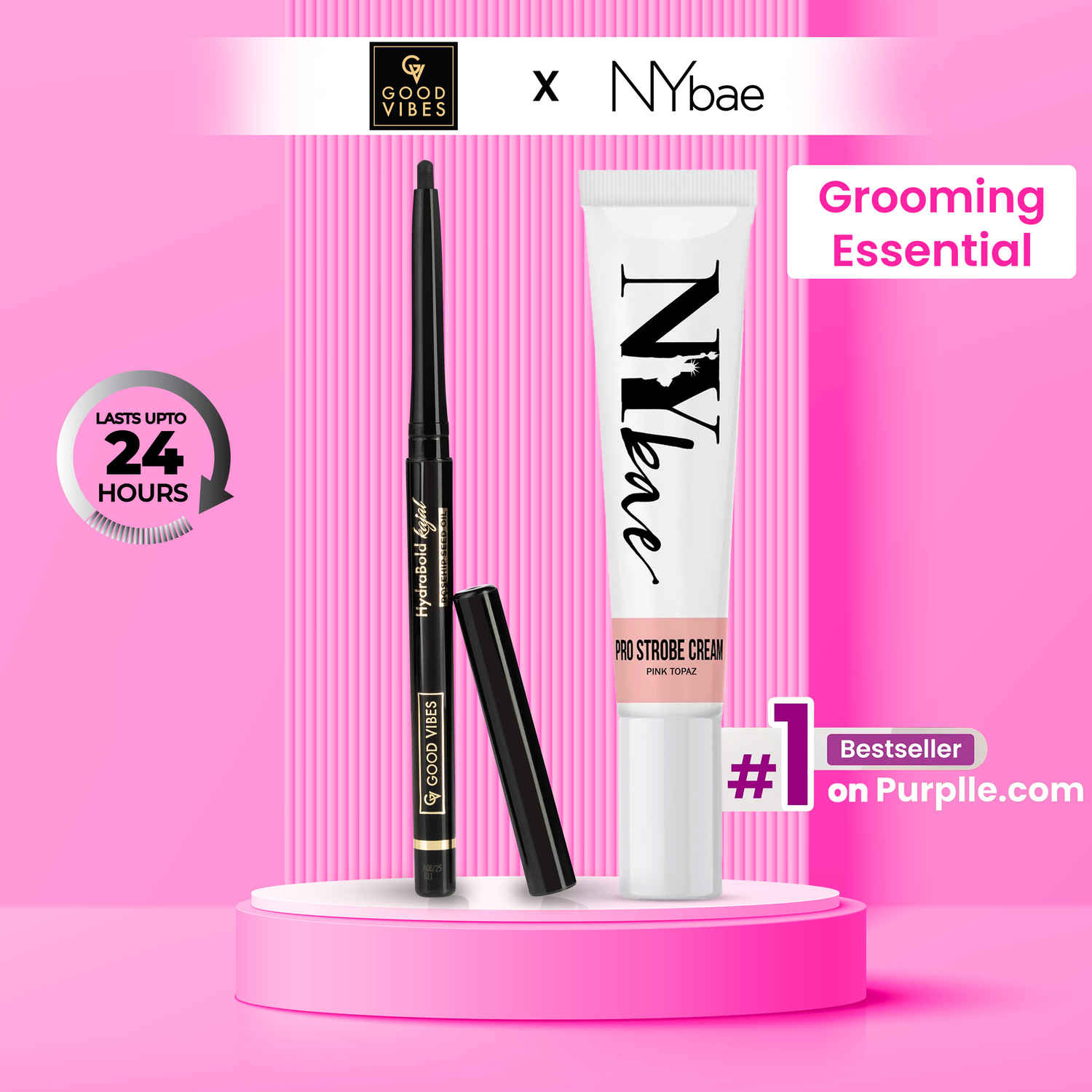 Buy Good Vibes x NY Bae Glam Up Kit By Purplle | Bestsellers | Strobe Cream Pink Topaz (12 gm) | HydraBold Kajal (0.35 gm) | Combo. - Purplle