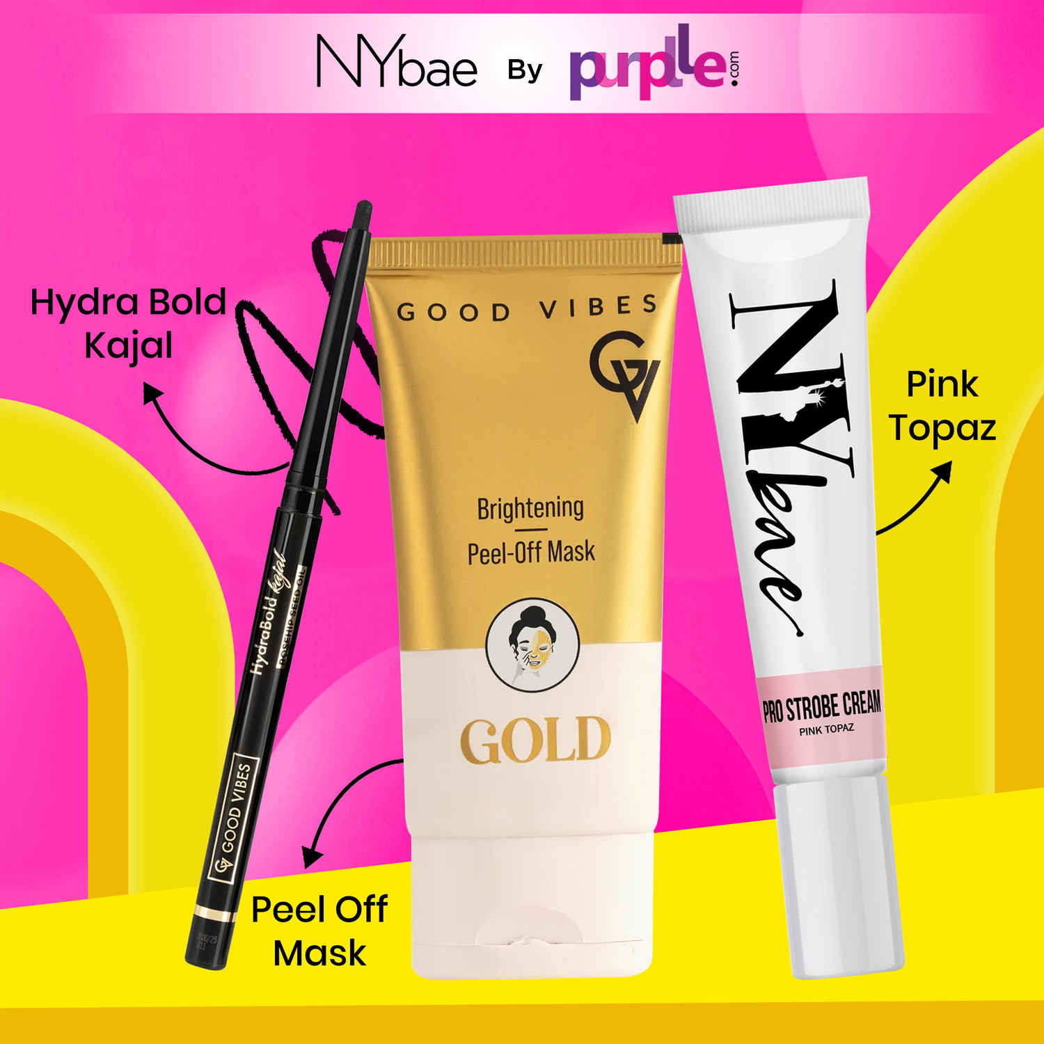 Buy Good Vibes x NY Bae Bold & Gold Essentials Trio | Good Vibes Hydra Bold Kajal (0.35 gm)| Intense Black | Good Vibes Gold Brightening Peel Off Mask (50 gm) | NY Bae Strobe Cream Pink Topaz (12 gm) | Glowing Skin | Korean Glow - Purplle