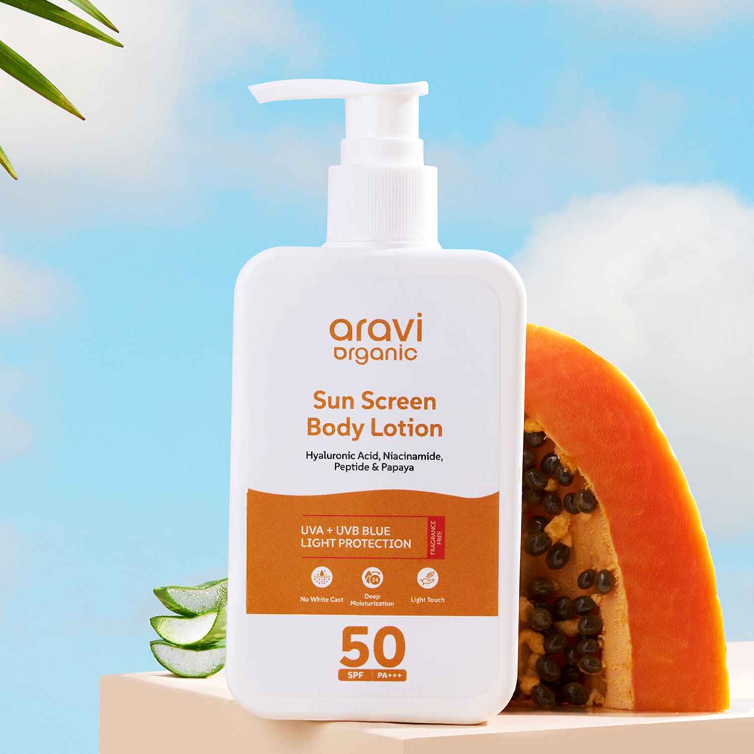 Buy Aravi Organic SPF 50 Sunscreen Body Lotion Light with No White Cast - With PA+++ UVA - UVB protection - Enriched With Niacinamide & Vitamin E - Hydration & Skin Repair - For All Skin Types - 200 ml - Purplle