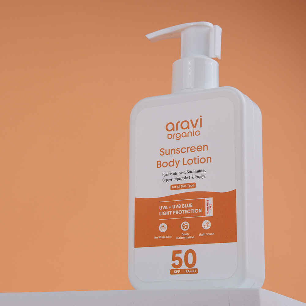 Buy Aravi Organic Oil-Free SPF 50 Sunscreen Body Lotion | Lightweight, No White Cast | PA+++ UVA-UVB Protection | Enriched with Niacinamide & Vitamin E | Hydrating & Skin Repair | For All Skin Types – 200 ml - Purplle