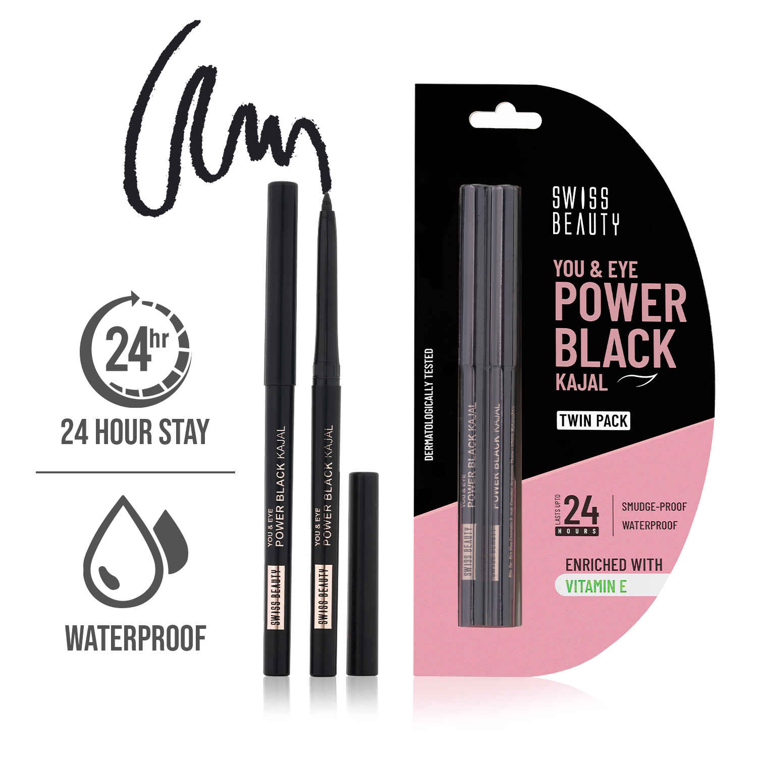 Buy Swiss Beauty You & Eye Power Black Kajal Twin Pack | 24 Hrs Stay Long Lasting Kajal with easy to glide application | Smudge proof and Waterproof | Creamy Texture | Pack of 2 , Qty | - Purplle