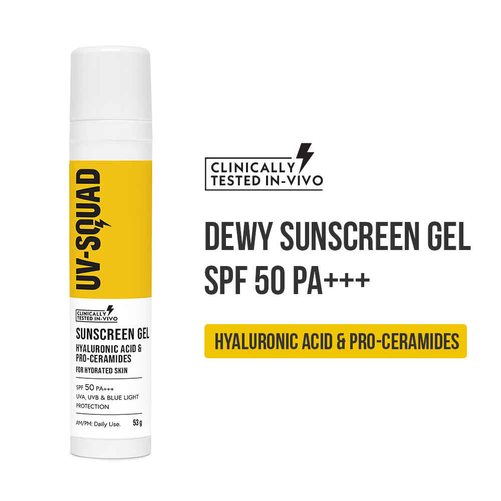 Buy UV Squad Sunscreen Gel Hyaluronic Acid & Pro-Ceramides SPF 50 PA +++ for Hydrated Skin 53 gm - Purplle