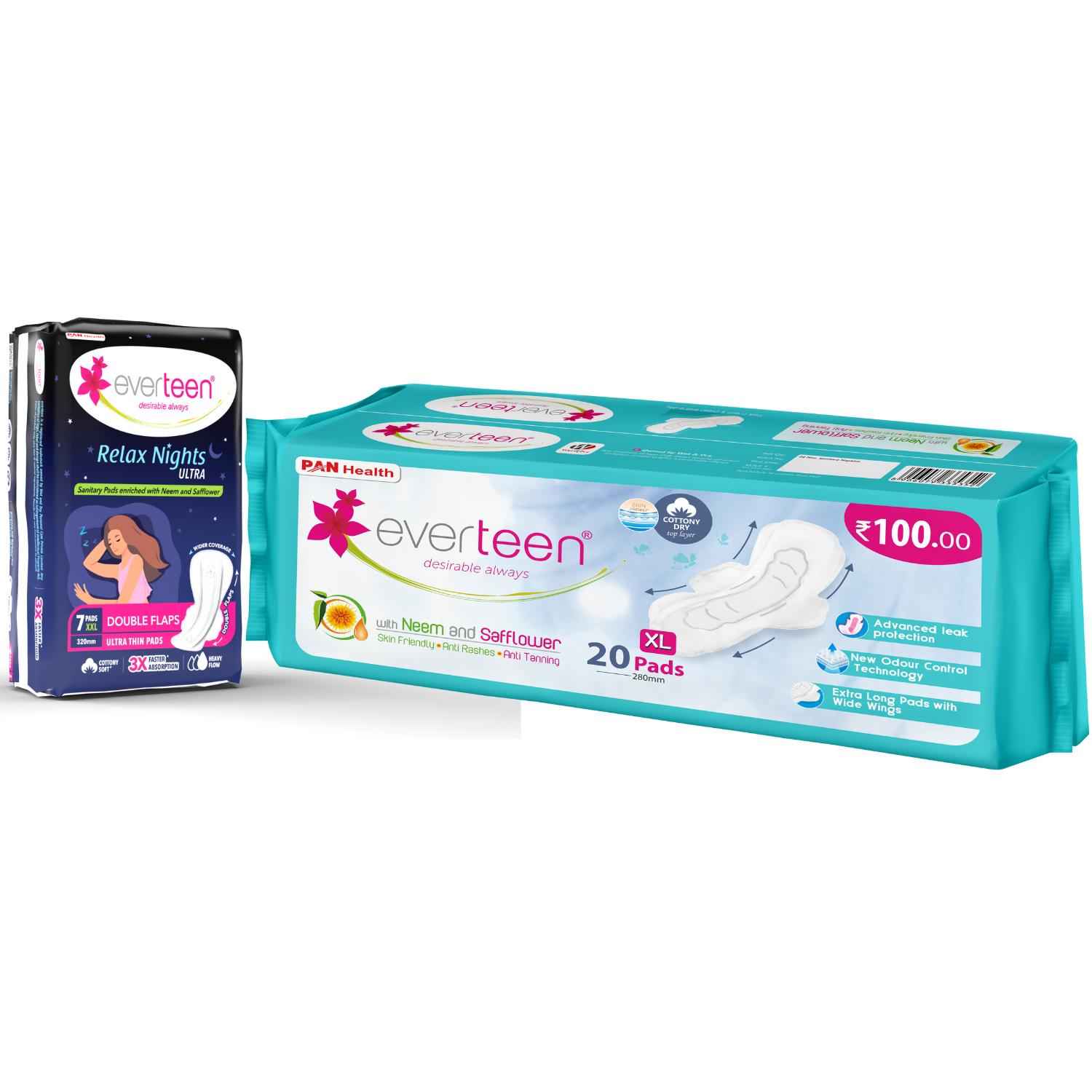 Buy everteen combo: 7 XXL Relax Night Pads & 20 XL Dry Sanitary Pads Enriched With Neem and Safflower Sanitary Pad (Pack of 27) - Purplle