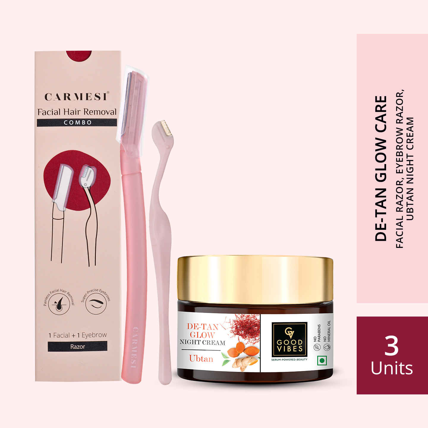 Buy Good Vibes x Carmesi (De-tan Glow With Good Vibes Ubtan Night Cream (50 gm) x Carmesi Natural Facial Hair Combo (1 Facial + 1 Eyebrow Razor)) - Purplle
