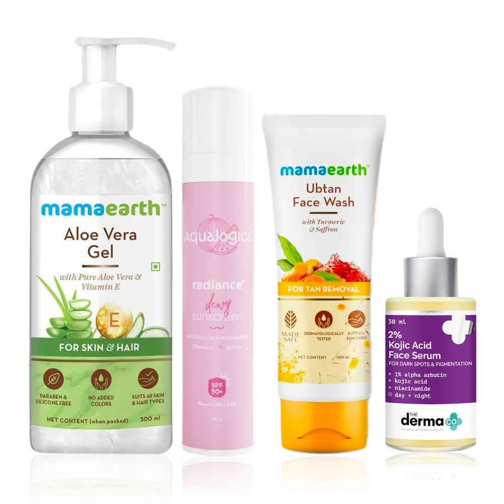 Buy Mamaearth x The Derma Co x Aqualogica daily skincare routine combo 2 (Mamaearth ubtan face wash (100ml) + The Derma Co Niacinamide face serum (30ml) + Mamaearth aloe vera gel (300ml) + Aqualogica watermelon sunscreen (50g)) - Purplle