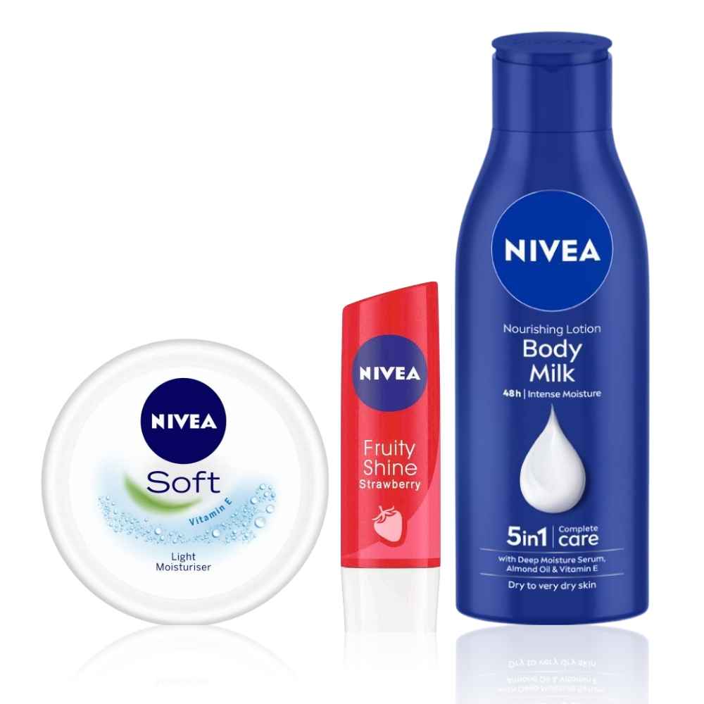 Buy NIVEA All in One Body care kit (Lip balm + Body Milk + Soft Cream) (4.8g + 200ml + 100ml) - Purplle