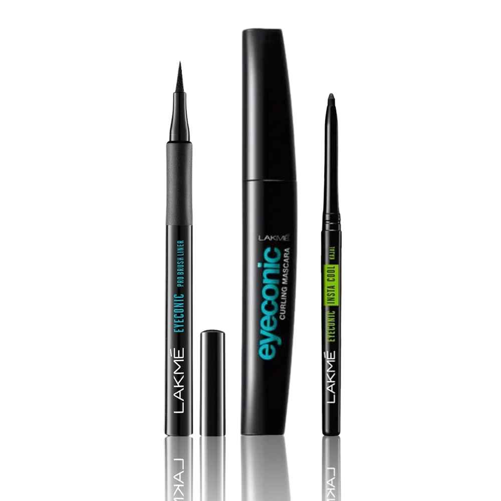 Buy Lakme Eyeconic Combo Pro Brush Liner, Black(1.2 ml)+ Curling Mascara - Black(9 ml) + Insta Cool Kajal, Deep Black(0.35 gm) - Purplle