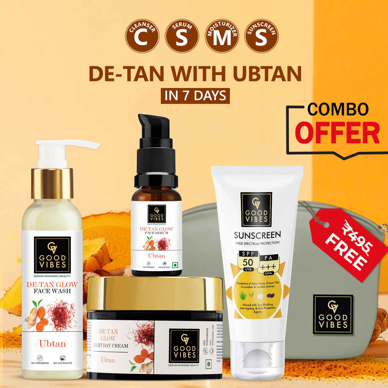 Buy Good Vibes De- tan Ubtan CSMS Combo : Facewash (120 ml) + Serum (30 ml) + Day Cream (50 gm) + Sunscreen (50 gm) - Purplle