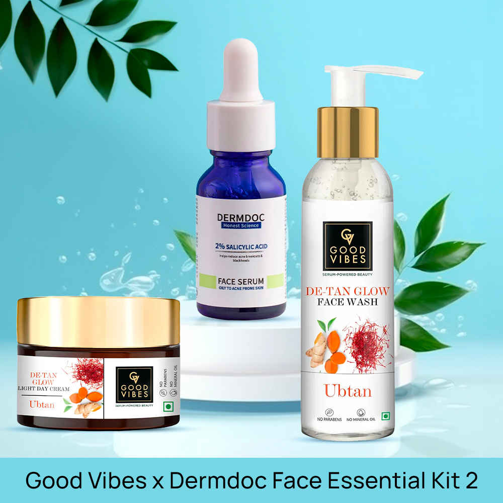 Buy Good Vibes x Dermdoc Face Essential Kit 2 - (Good Vibes De Tan Glow Face Wash (120 ml) + DermDoc 2% Salicylic Acid Face Serum (15 ml) + Good Vibes Ubtan De-tan Glow Light Day Cream (50g)) - Purplle