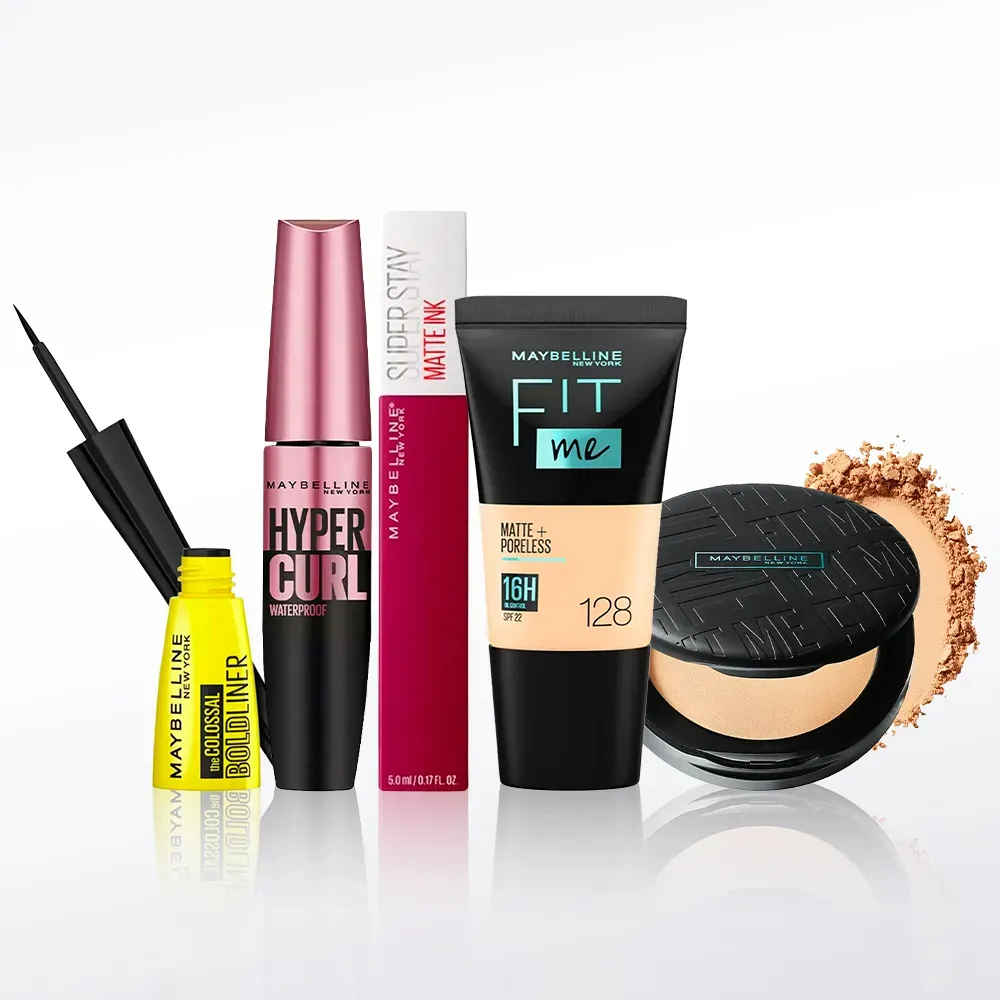 Buy Maybelline NewYork Glamour on the Go Kit 1 | Fit Me Compact 128(6 gm) | Fit Me Liquid Foundation Tube 128(18 ml) | Hypercurl Mascara Waterproof Very Black (9.2 gm) | Colossal Eyeliner Black(3 gm) |Super Stay Liquid Lipstick 115(5 gm) - Purplle