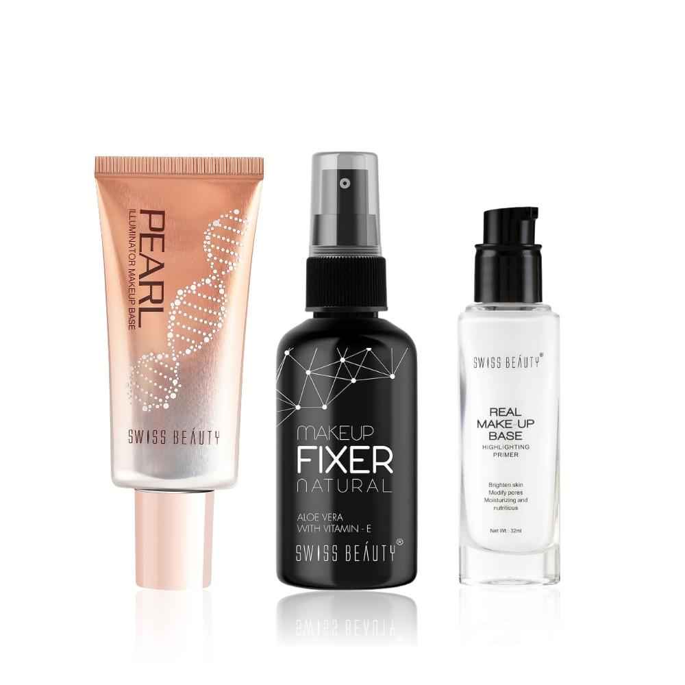 Buy Swiss Beauty Glowing Goddess Makeup Kit (Illuminator Makeup Base - Golden Pink (35 gm) + Highlighting Primer (32 ml) + Makeup Fixer (70 ml)) - Purplle