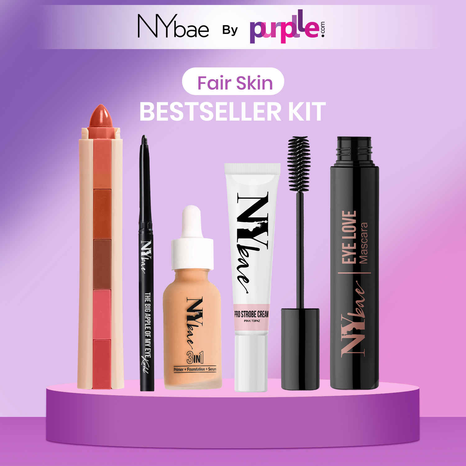 Buy NY Bae Bestsellers Kit | Fair Skin | Strobe Cream | Glowy Serum Foundation | Lip Crayon | Black Kajal | Volume Mascara | Highligher | Everyday Glowy Makeup - Combo of 5 - Purplle