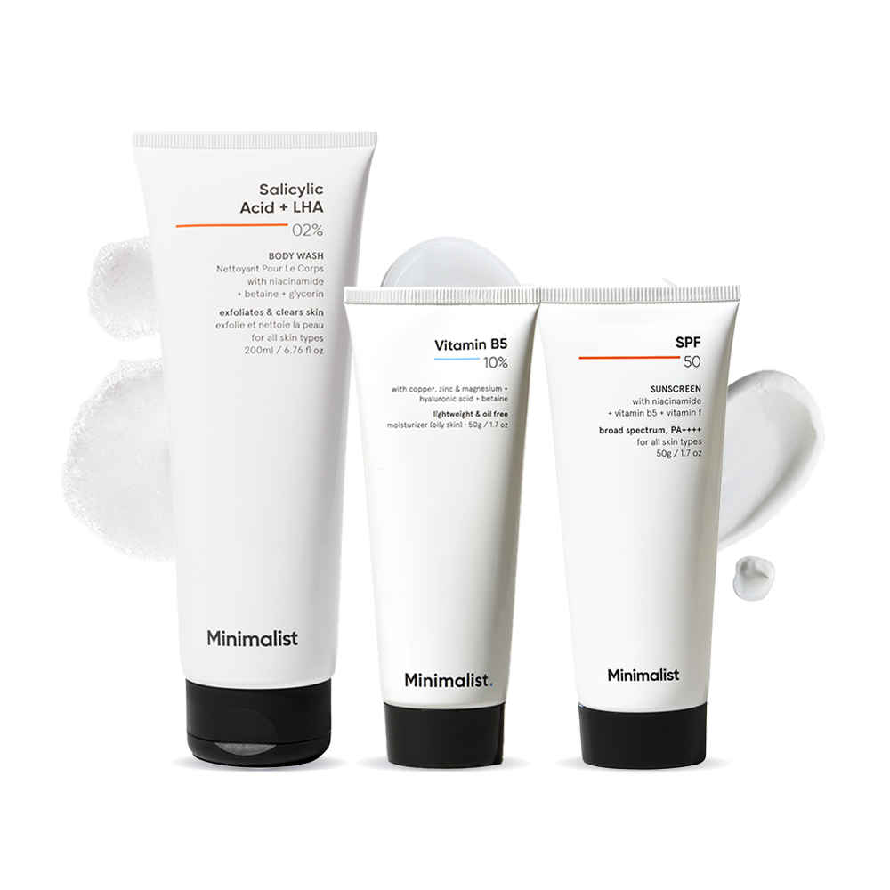 Buy Minimalist Daily AM Combo (Salicylic acid & LHA 2% Body Wash 200gm + 10% Vitamin B5 Oil Free Moisturizer 50gm +SPF 50 Sunscreen 50gm) - Purplle