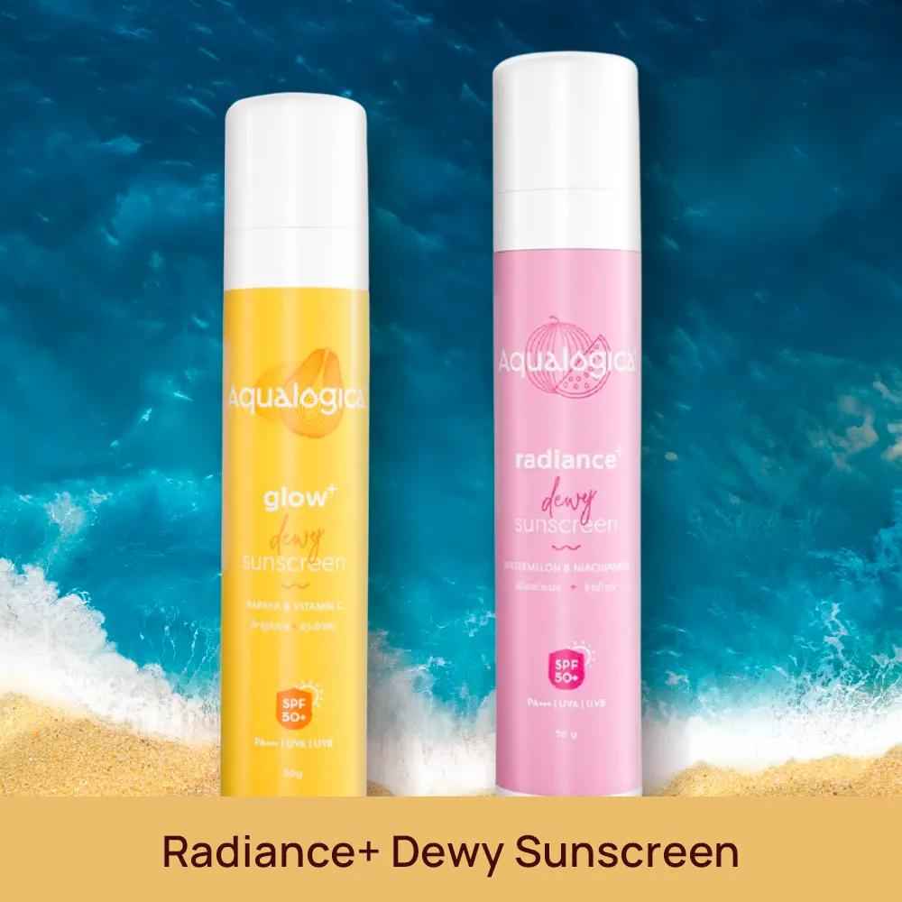 Buy Aqualogica Radiance+ Dewy Sunscreen with Watermelon & Niacinamide 50 gm + Glow+ Dewy Sunscreen with Papaya & Vitamin C - SPF 50 PA++++ for UVA/B protection 50 gm - Purplle