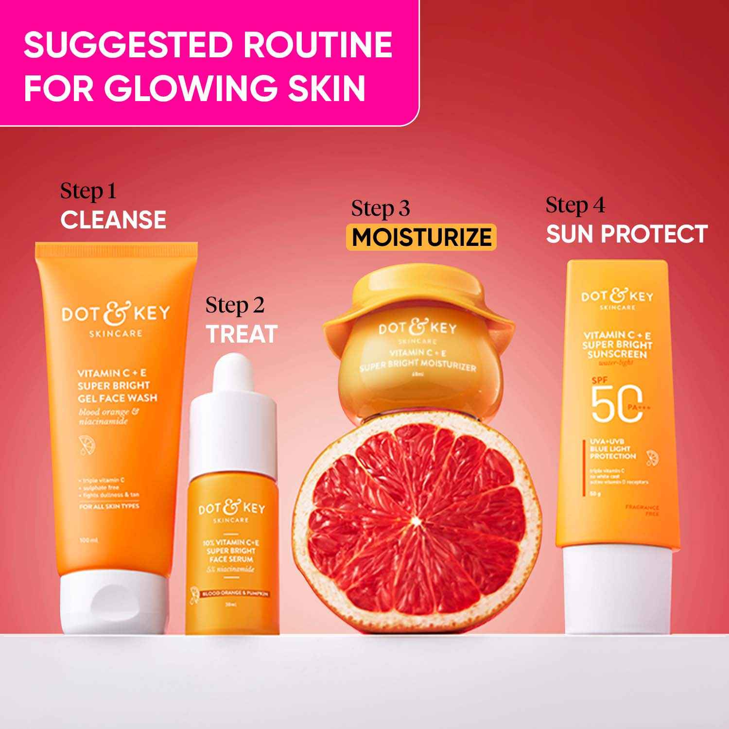 Buy Dot & Key Glowing Skin Care Routine | Face Wash, Serum, Moisturizer & Sunscreen - 230 gm - Purplle