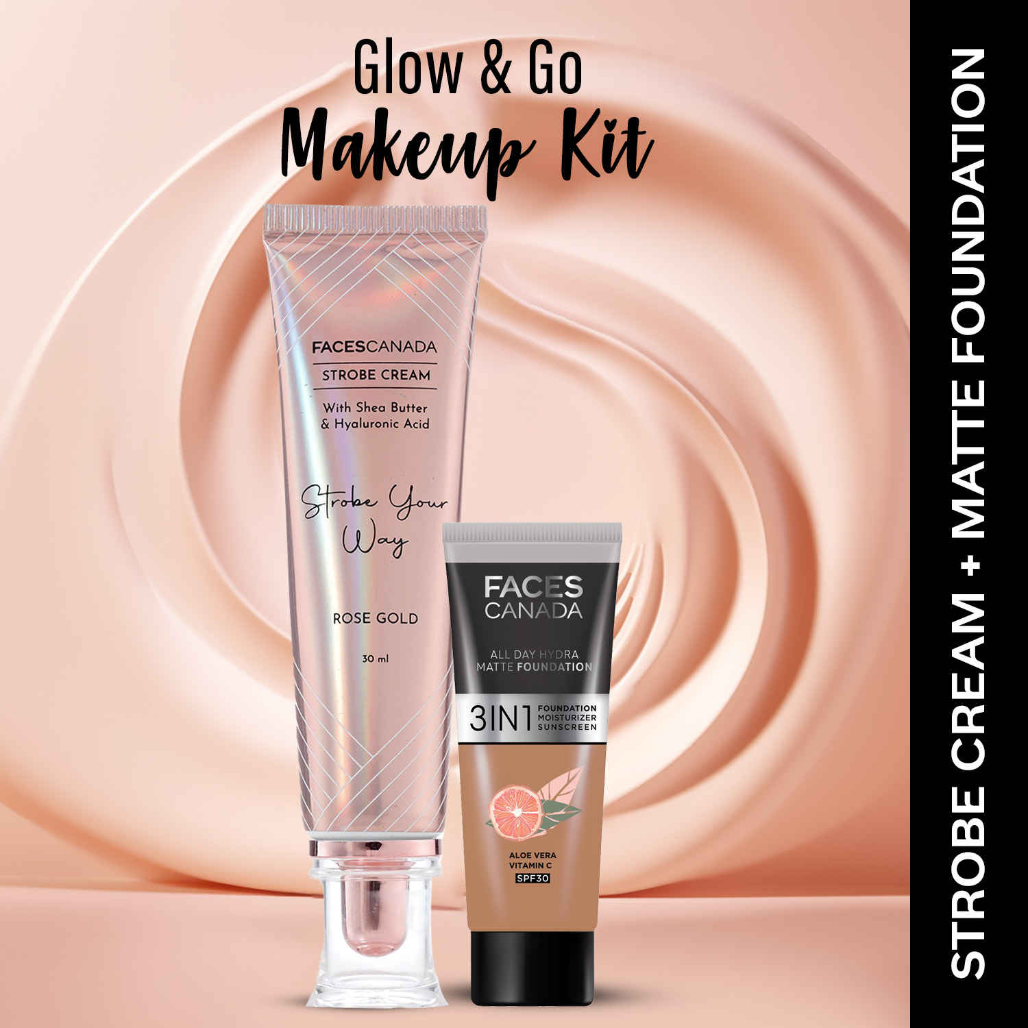 Buy FACES CANADA Rose Glow Kit 6 | Rose Gold Strobe Cream (30 gm) + Hydra Matte Foundation (Mini) - Warm Sand (15 gm) | Combo Kit of 2 - Purplle