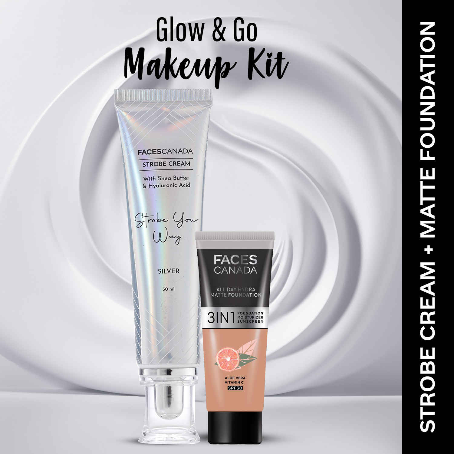 Buy FACES CANADA Celeb Glow Kit 5 | Silver Strobe Cream (30 gm) + Hydra Matte Foundation (Mini) - Caramel Natural (15 gm) | Combo Kit of 2 - Purplle