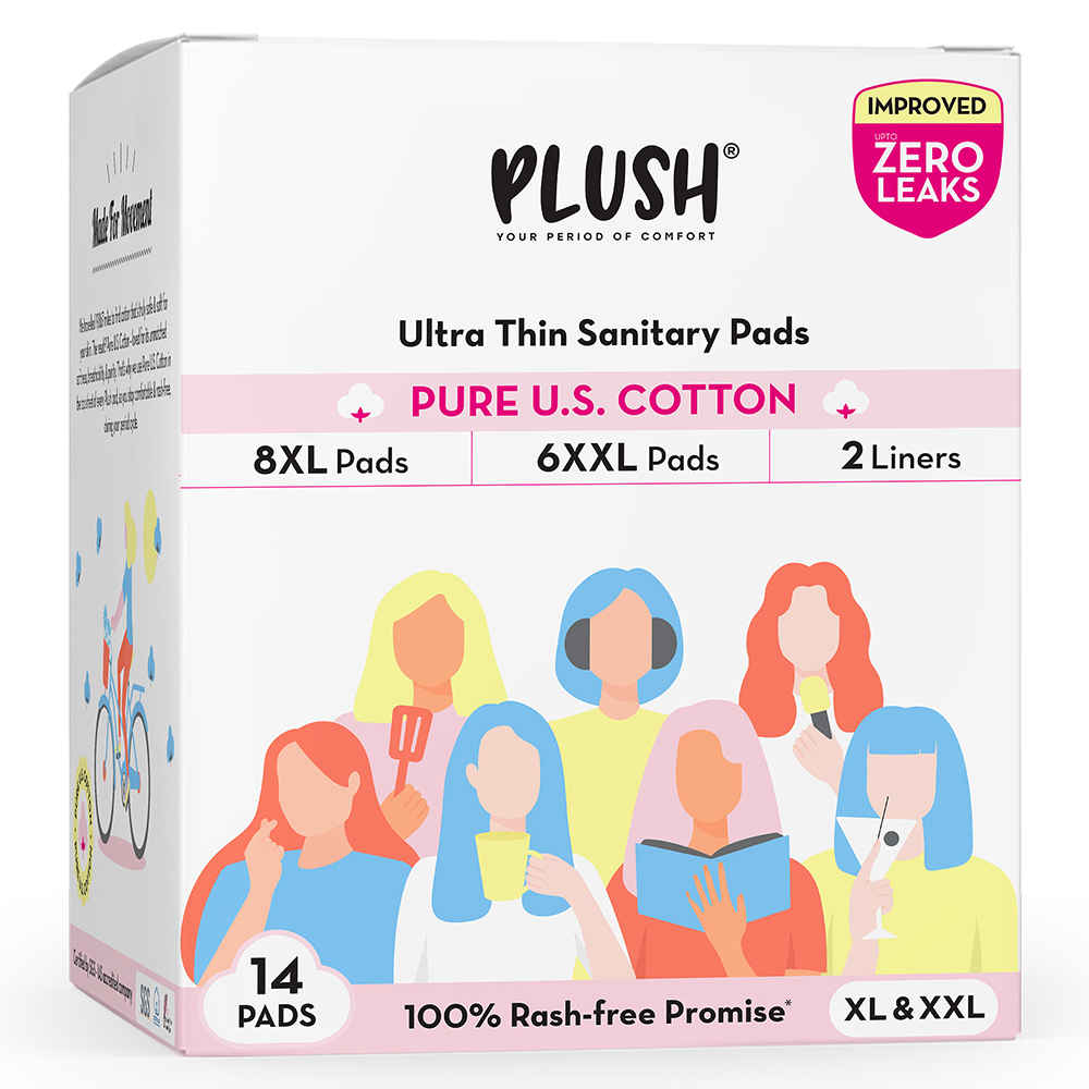 Buy Plush Ultra-Thin Sanitary Pads For Women, 14 Cotton Sanitary Napkins | 6 Heavy Flow XXL pads + 8 Medium Flow XL pads + 2 Panty Liners For Rash Free Periods | Pure U.S. Cotton Pads With Disposable Pouch - Purplle