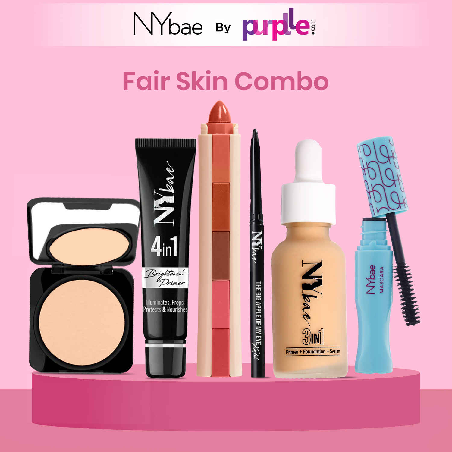 Buy NY Bae Makeup Essentials Kit |Black Kajal (0.30 gm) | Mascara (5 ml) | 5 in 1 Lipstick (6.5 gm) | Primer (15 gm) | Compact (9 gm) | Serum Foundation (30 ml) | Everyday Makeup - Fair Skin - Purplle