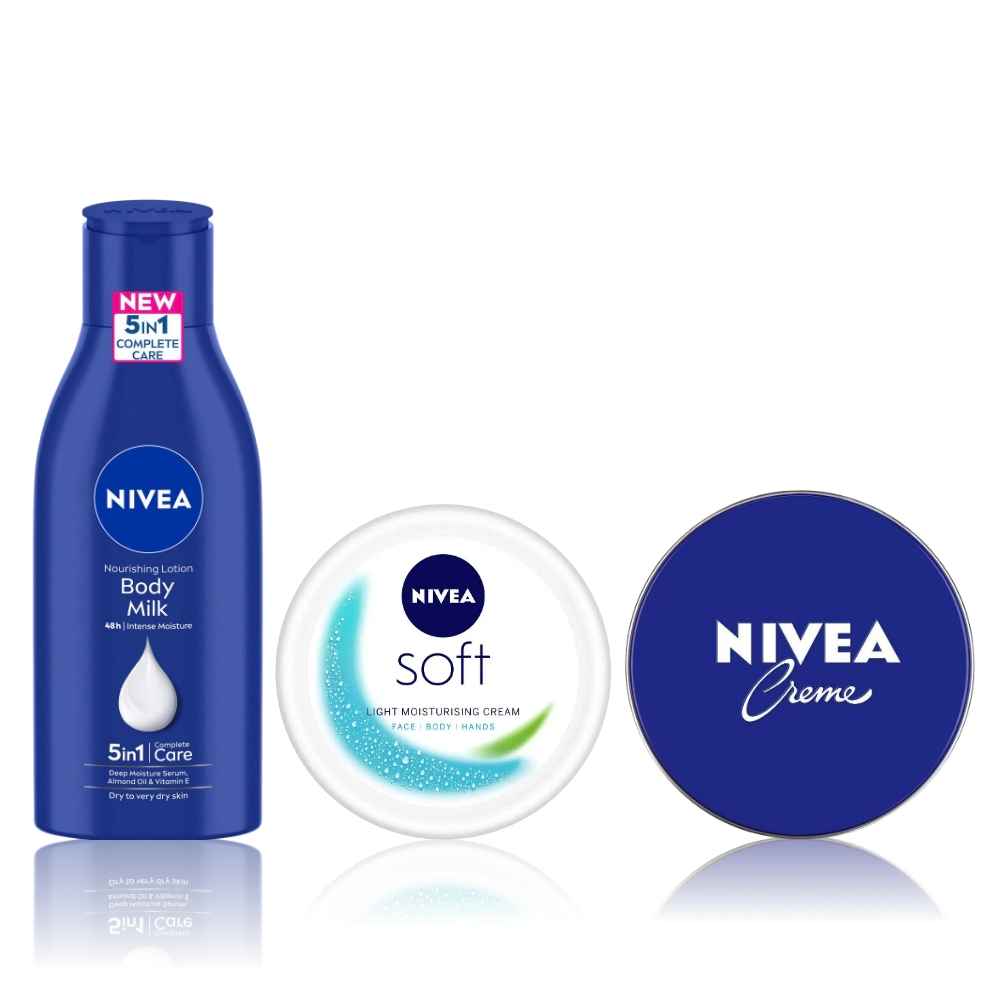 Buy Nivea Ultimate Nourishing Trio: Nivea Almond Body Milk + Nivea Creme + Nivea Soft Moisturising Cream - Purplle