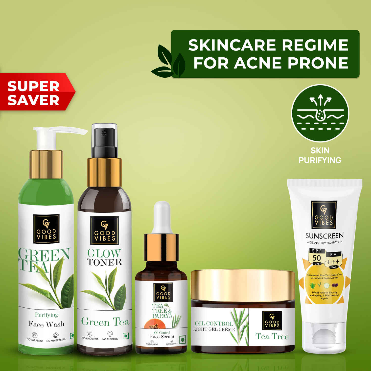 Buy Good Vibes Skincare Regime For Acne Prone (Green Tea Face Wash 120 ml, Green Tea Toner 120 ml, Tea Tree & Papaya Face Serum 10 ml, Tea Tree Oil Control Light Gel Creme 50 g, Sunscreen with SPF 30 - 100 gm) - Purplle