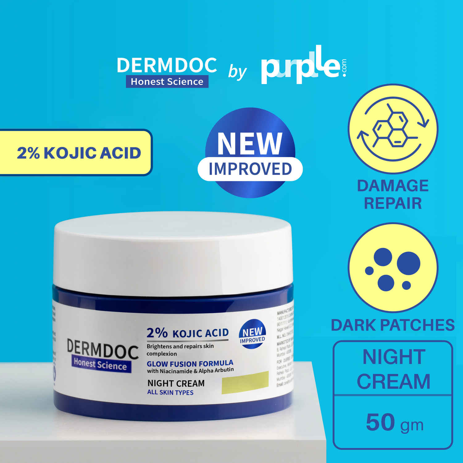 Buy DERMDOC by Purplle 2% Kojic Acid Glow Fusion Formula Night Cream with Niacinamide & Alpha Arbutin for Skin Brightening (50 gm) | Skin Brightening Face Cream I Night Cream I Kojic Acid Brightening Cream I Glowing Skin - Purplle