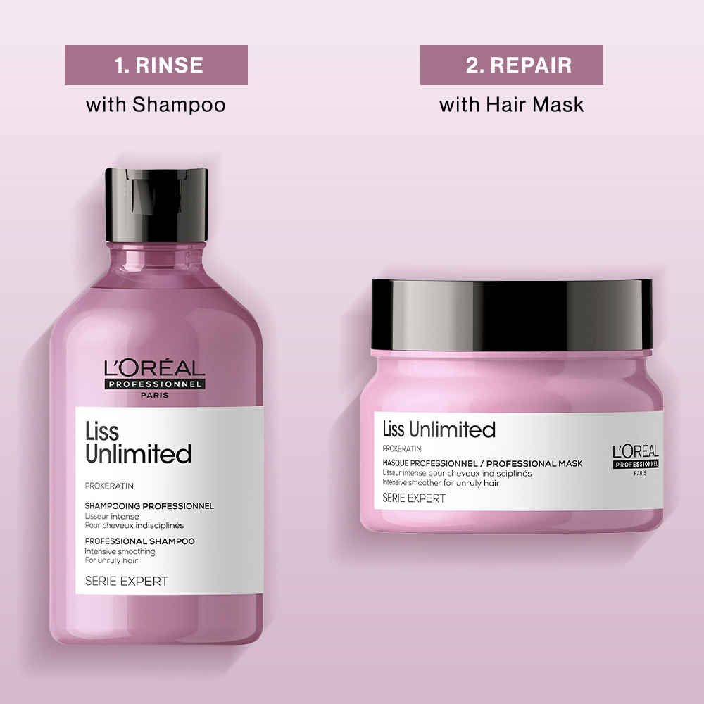 Buy L'Oreal Professionnel Serie Expert Liss Unlimited Shampoo + Liss Unlimited Mask|With Pro-Keratin Complex (250 ml +250 gm) - Purplle