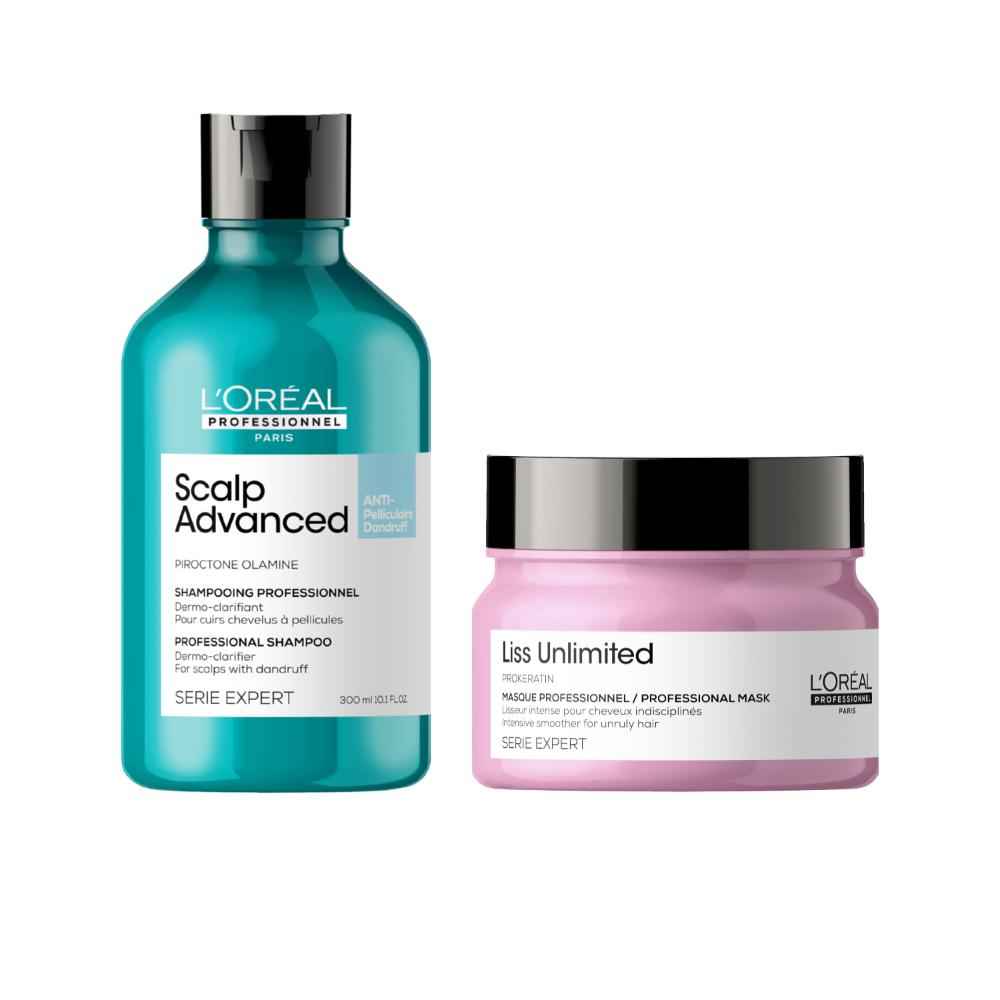 Buy L'Oreal Professionnel Scalp Advanced Anti-Dandruff Dermo-Clarifier Shampoo + Combo of Serie Expert Liss Unlimited Mask (300 ml + 250 gm) - Purplle