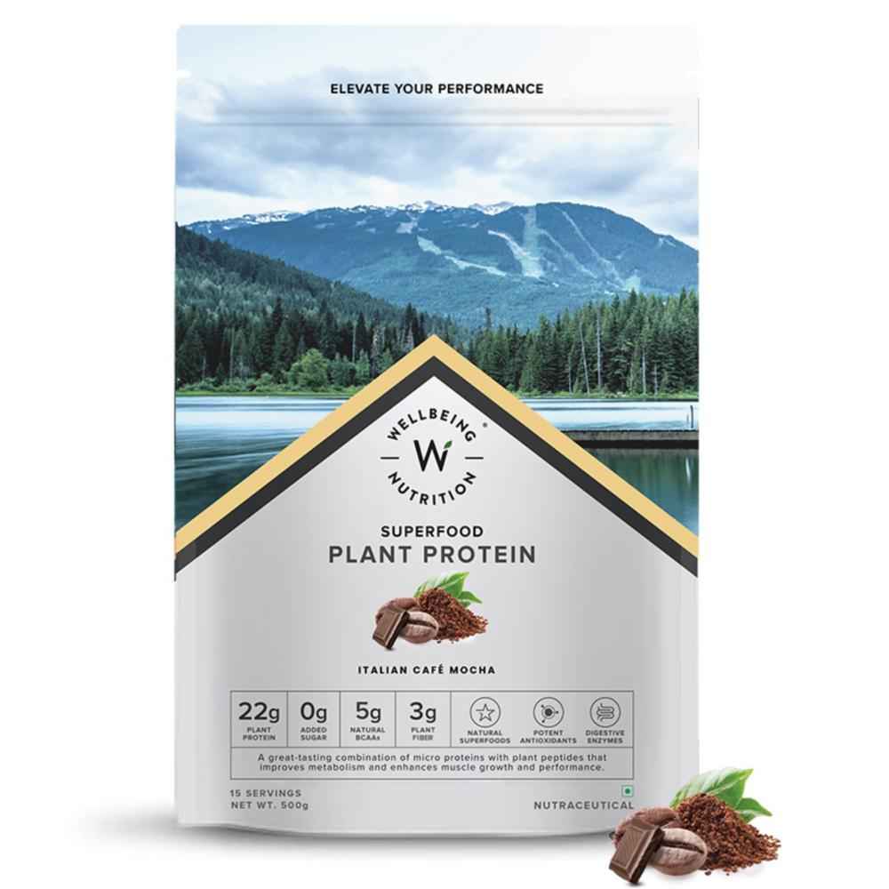 Buy Wellbeing Nutrition Organic Vegan Plant Protein Isolate| Superfoods, Antioxidants, Berry, DigeZyme™ | 5g BCAA, 3g Fiber for Muscle Repair & Recovery| Italian Cafe Mocha - 500gms - Purplle
